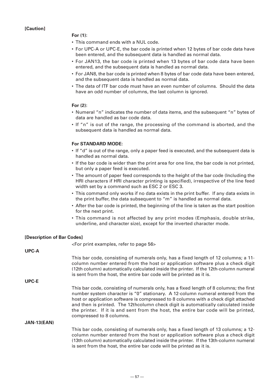 Citizen Systems Model CMP-10 manual For Standard Mode, Description of Bar Codes 