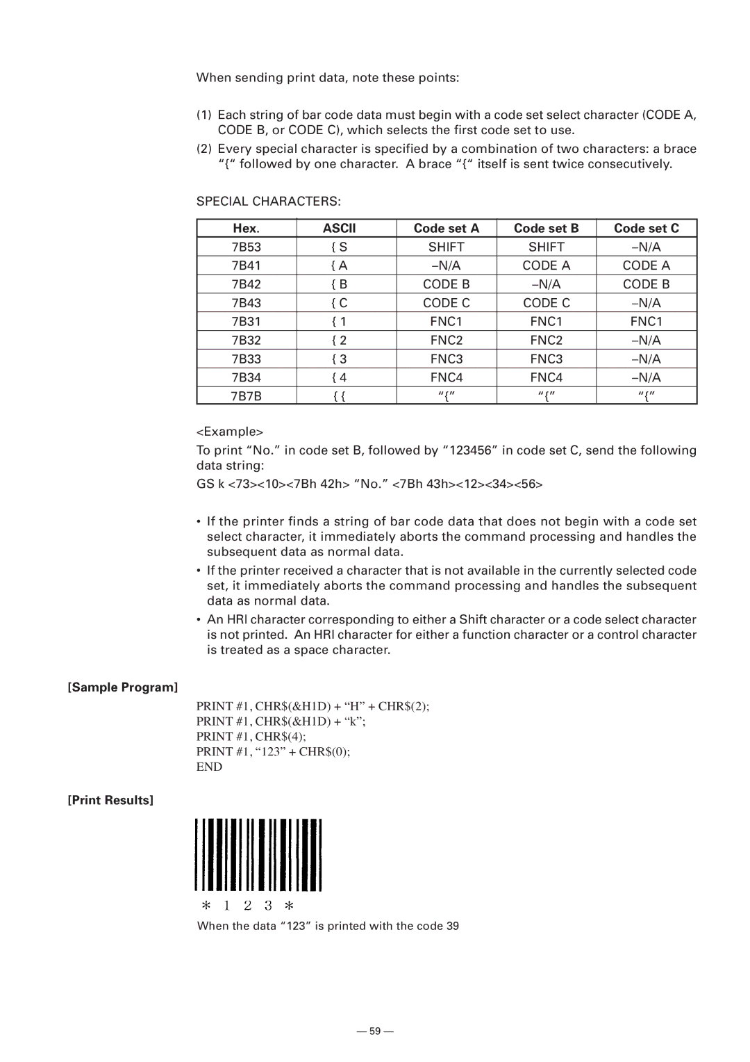 Citizen Systems Model CMP-10 manual Hex, Code set a Code set B Code set C 