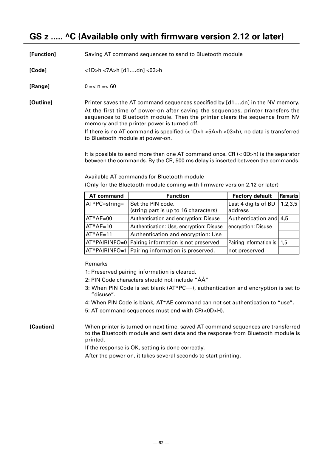 Citizen Systems Model CMP-10 manual AT command Function Factory default, AT*PAIRINFO=0, AT*PAIRINFO=1 