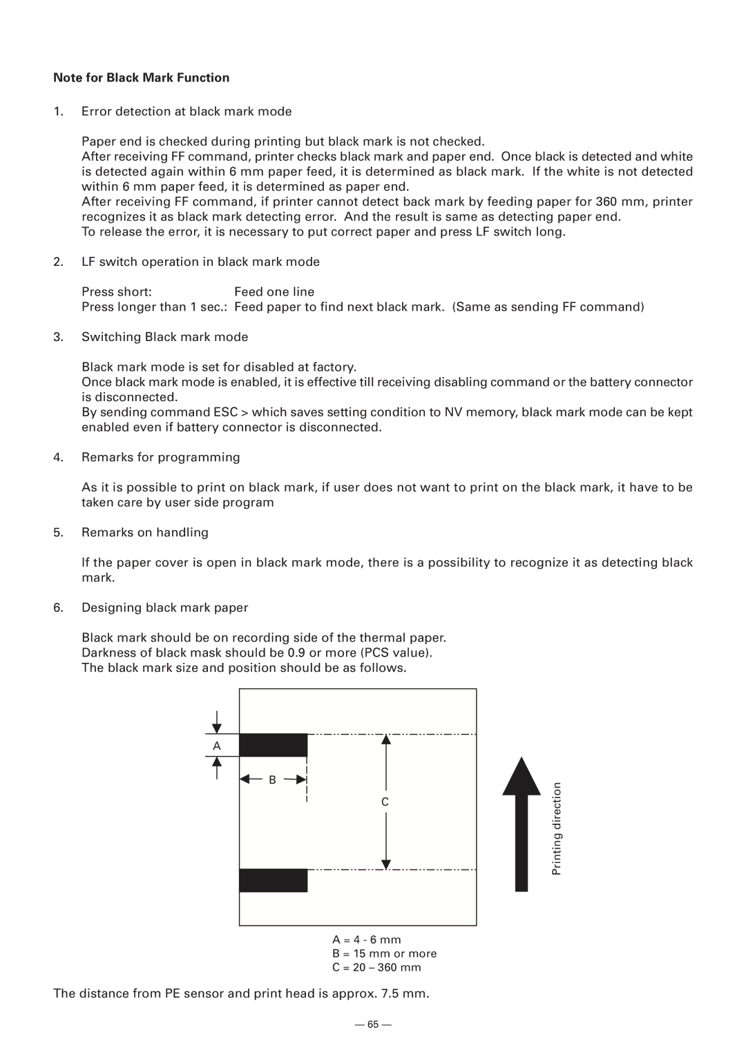 Citizen Systems Model CMP-10 manual Distance from PE sensor and print head is approx .5 mm 