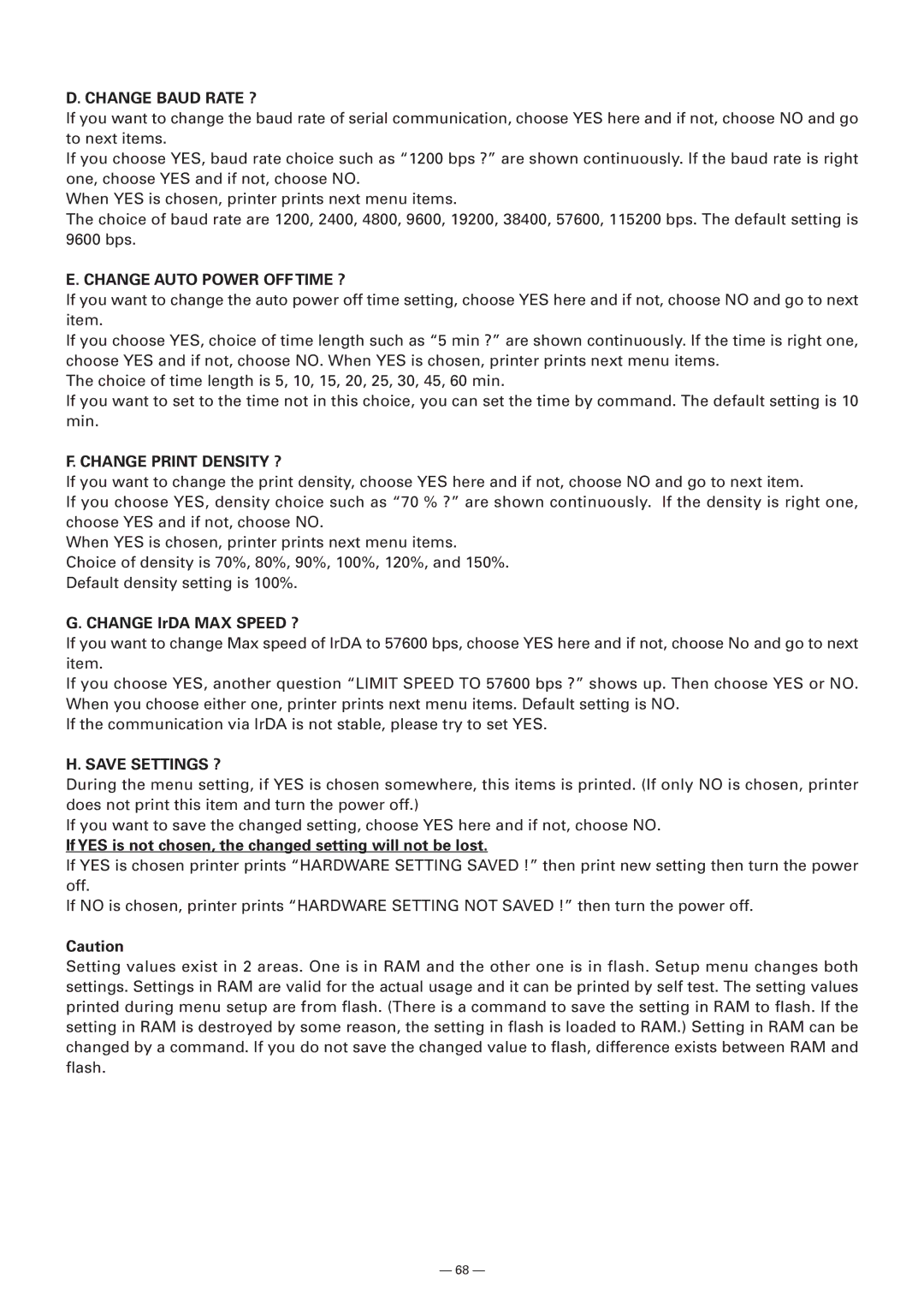 Citizen Systems Model CMP-10 manual Change IrDA MAX Speed ?, If YES is not chosen, the changed setting will not be lost 