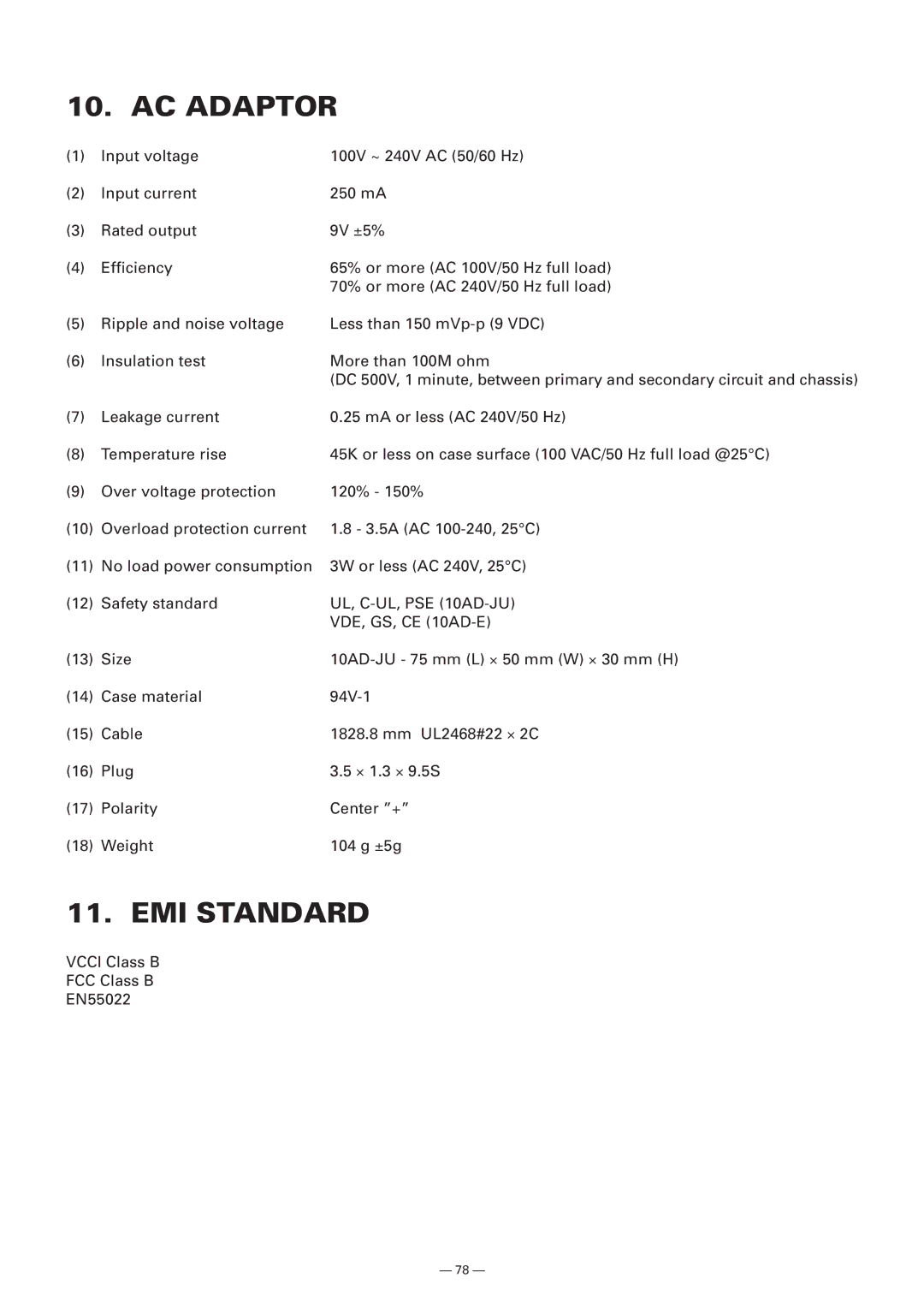 Citizen Systems Model CMP-10 manual AC Adaptor, EMI Standard, UL, C-UL, PSE 10AD-JU 