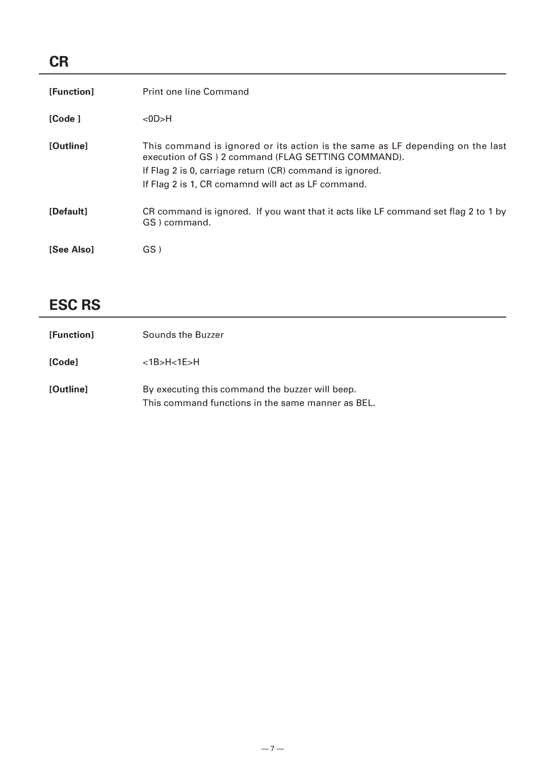 Citizen Systems Model CMP-10 manual Esc Rs, Default 