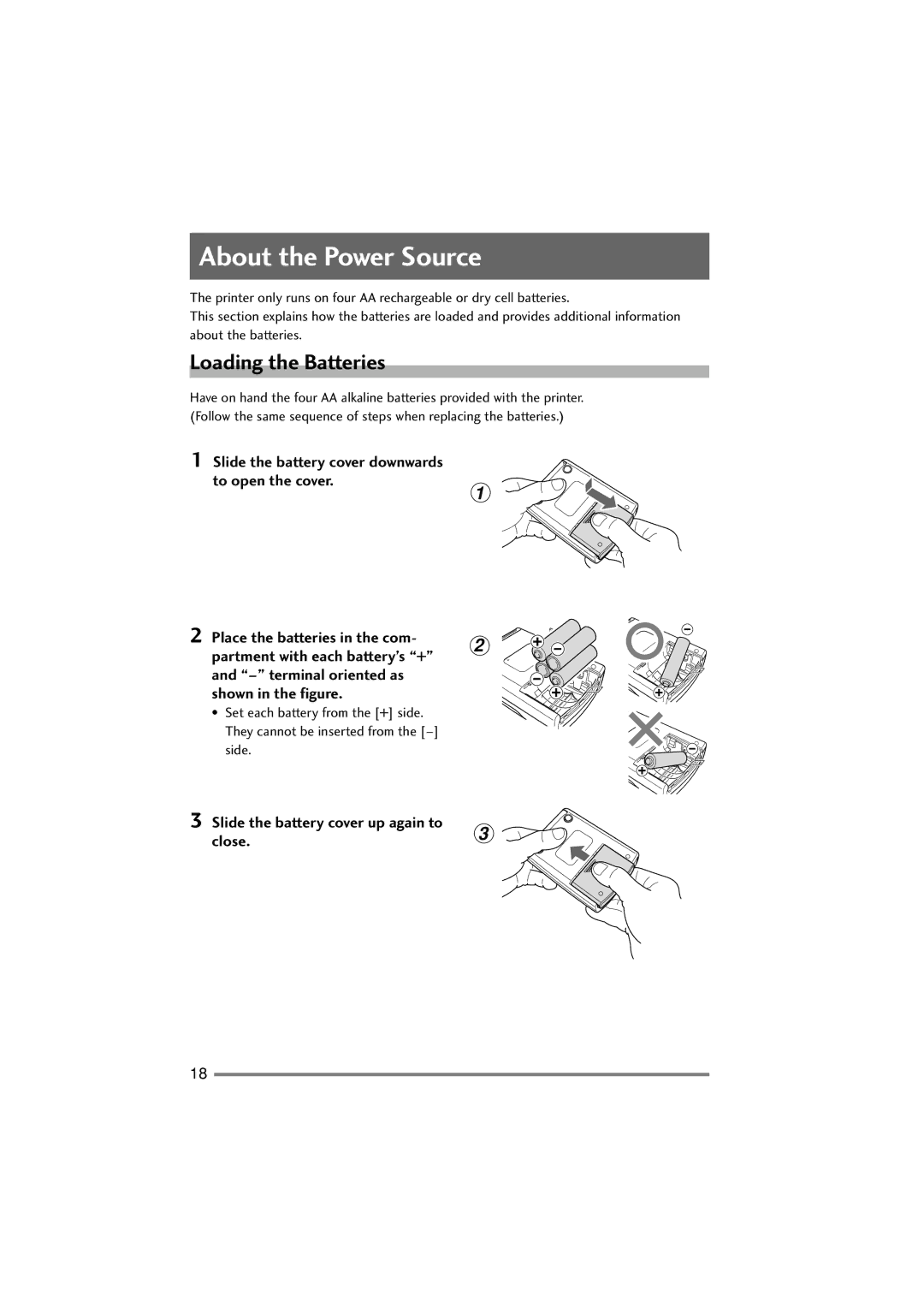 Citizen Systems PD-22 About the Power Source, Loading the Batteries, Slide the battery cover up again to Close.3 