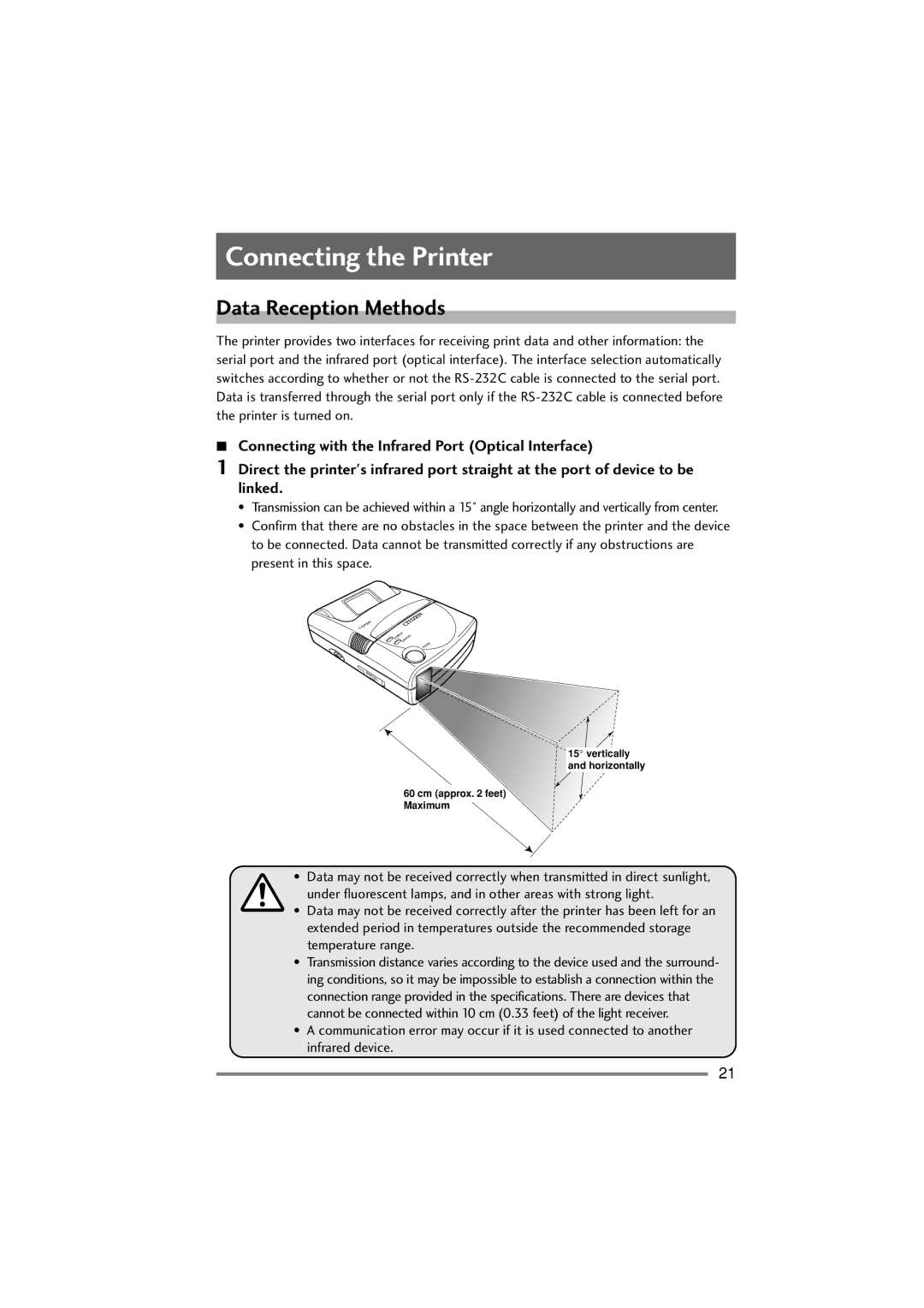 Citizen Systems PD-22 user manual Connecting the Printer, Data Reception Methods 