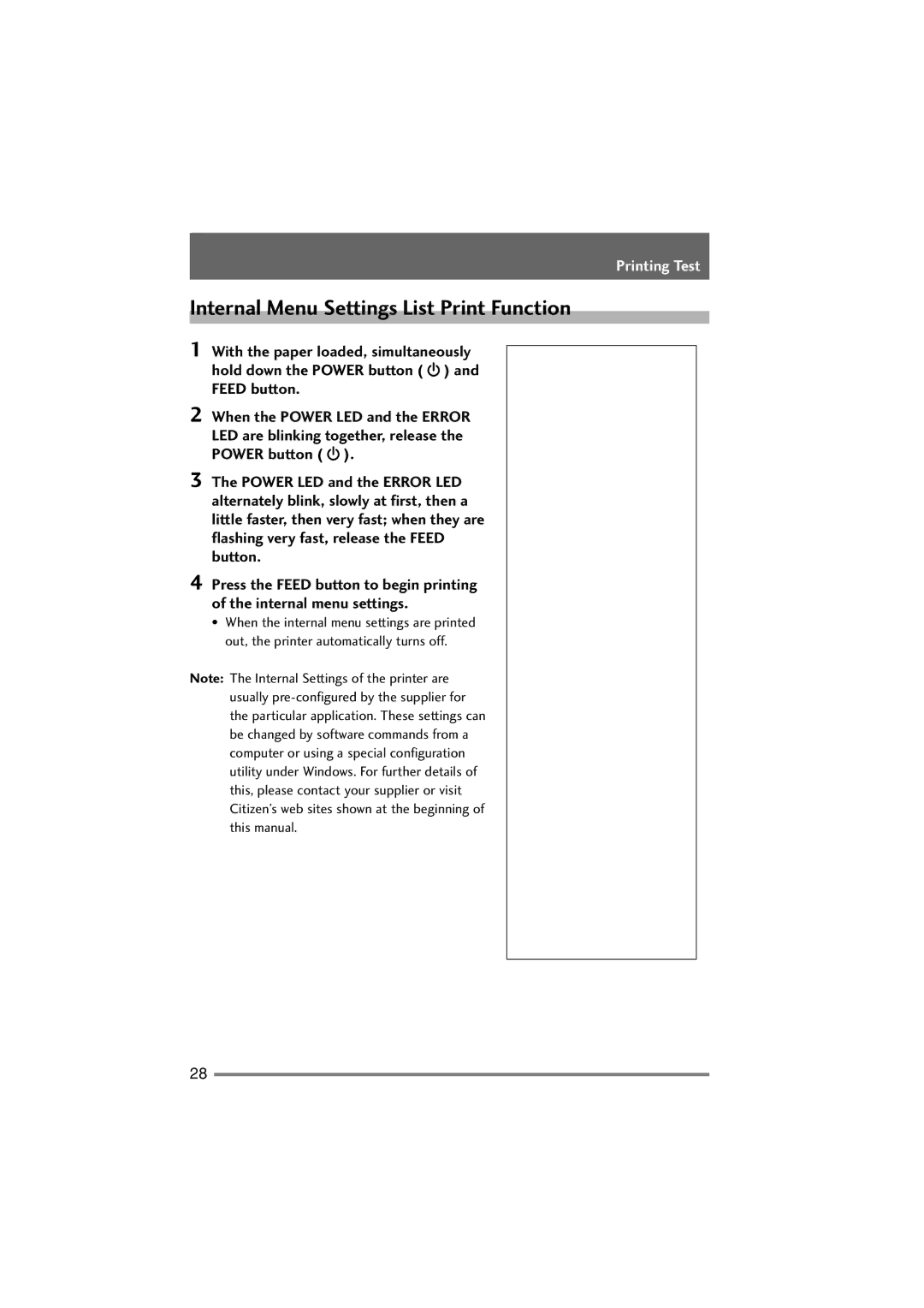 Citizen Systems PD-22 user manual Internal Menu Settings List Print Function 