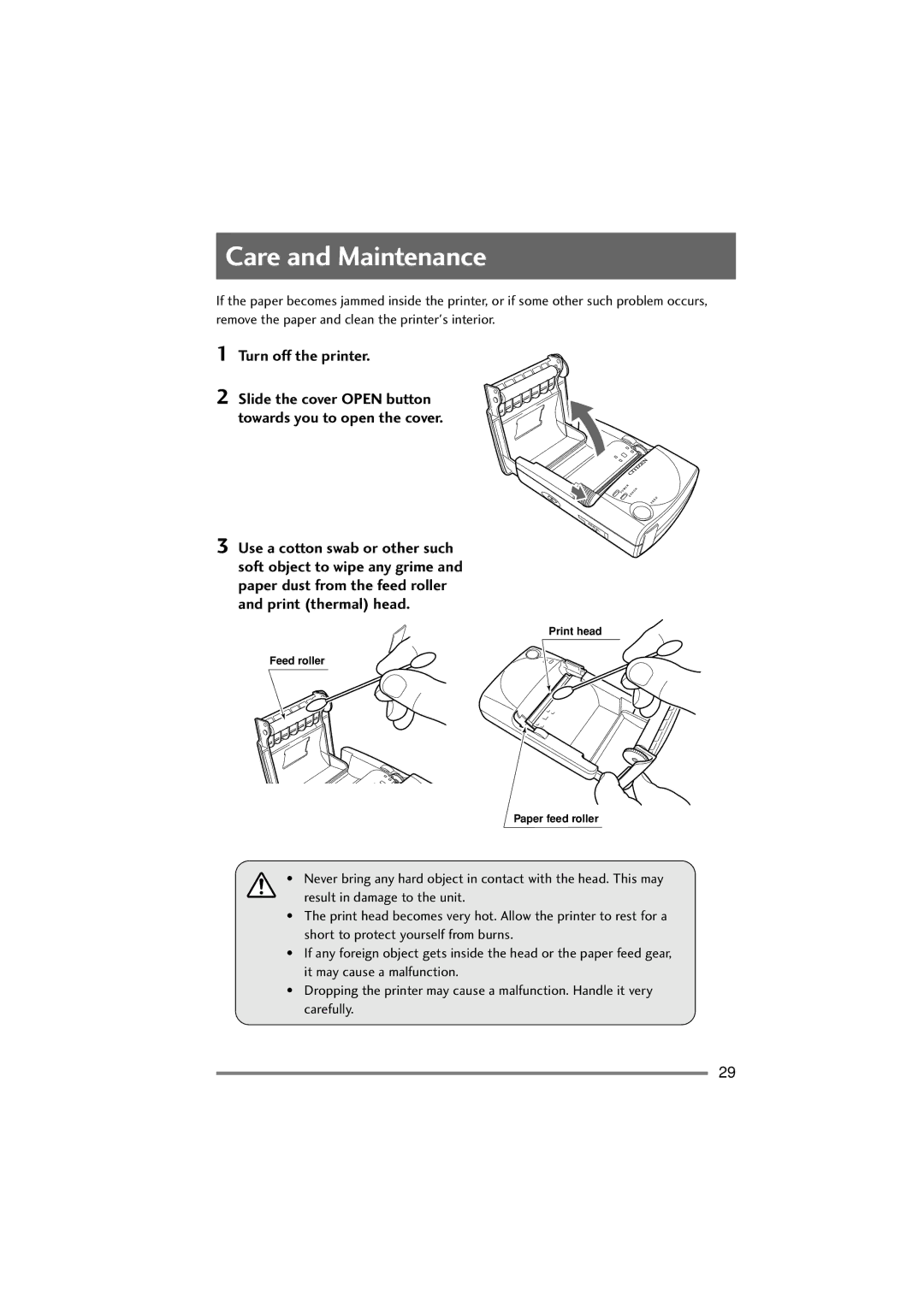 Citizen Systems PD-22 user manual Care and Maintenance, Turn off the printer 