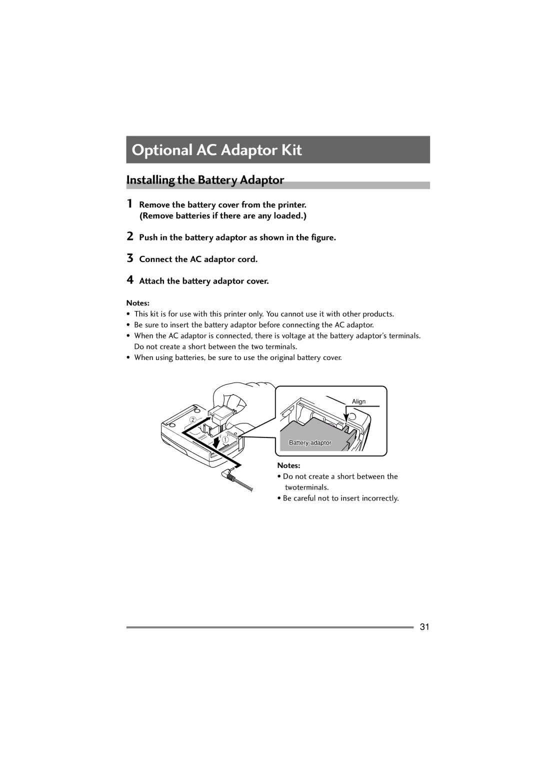 Citizen Systems PD-22 user manual Optional AC Adaptor Kit, Installing the Battery Adaptor 