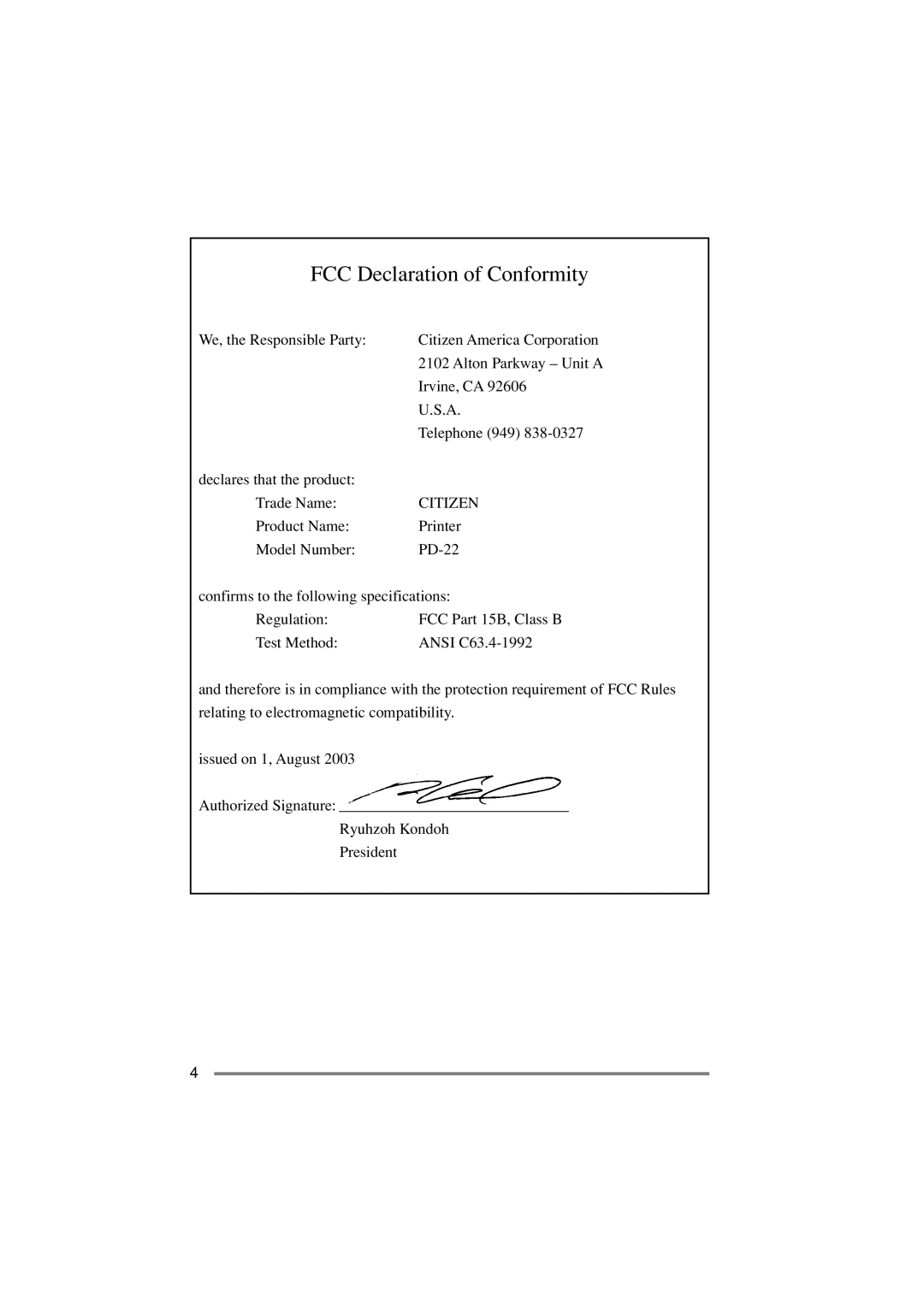 Citizen Systems PD-22 user manual FCC Declaration of Conformity 