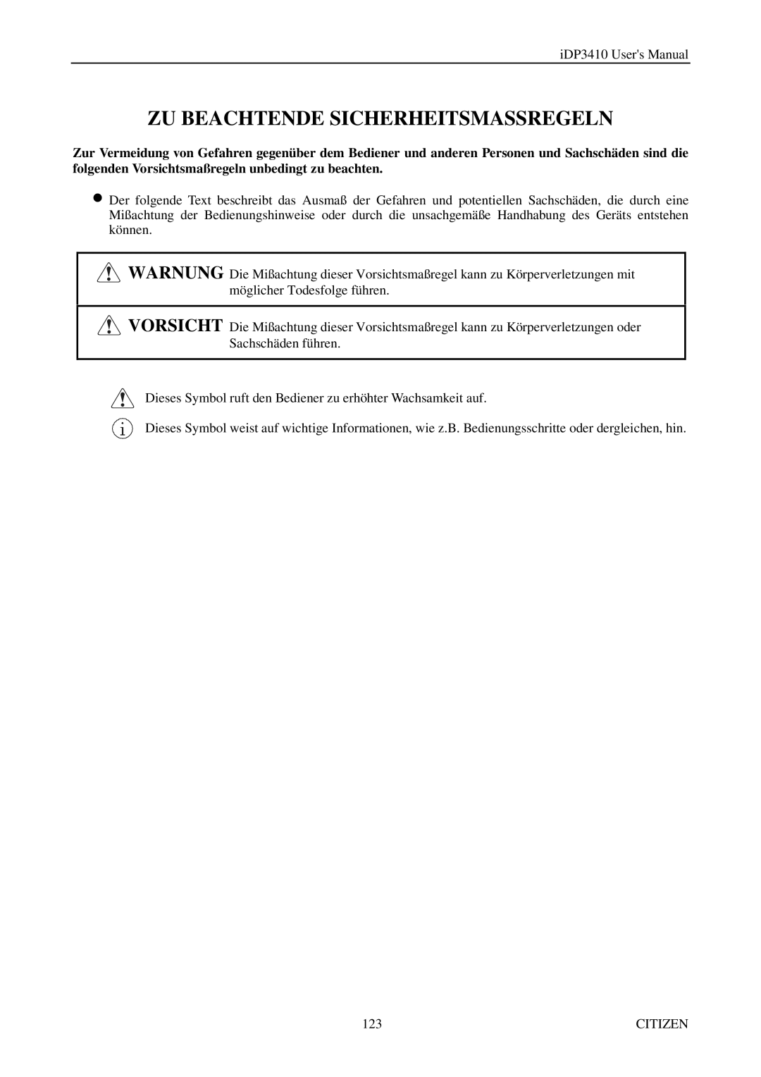 Citizen Systems pmn manual ZU Beachtende Sicherheitsmassregeln 