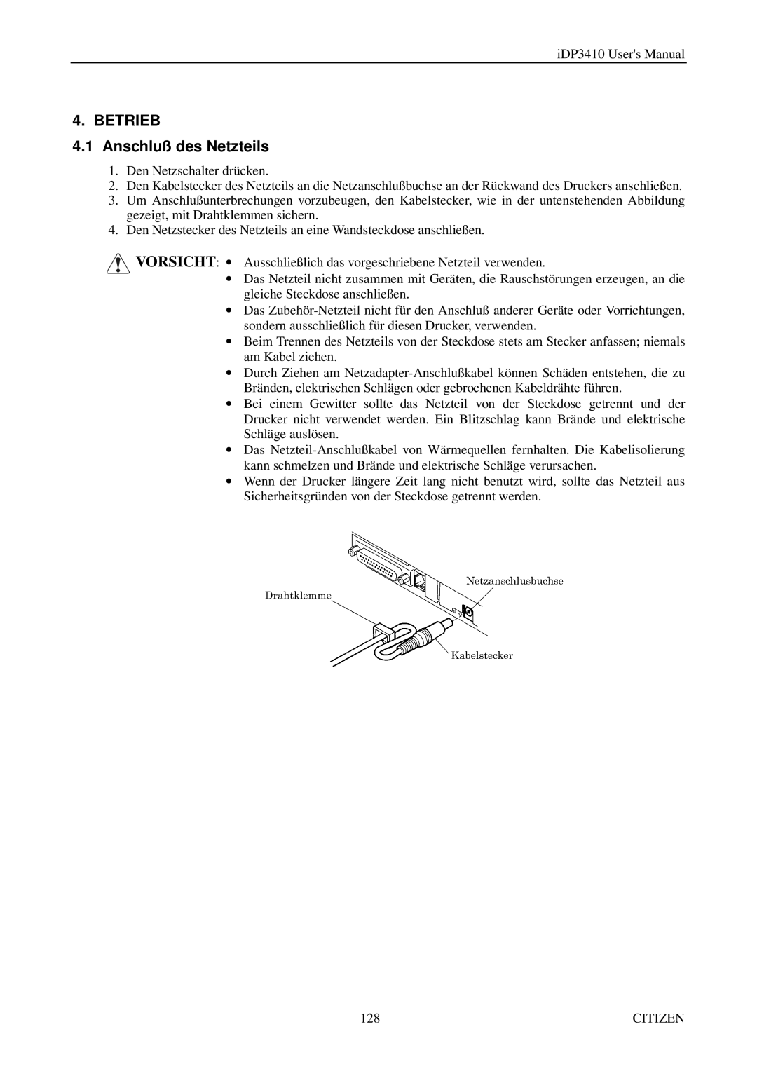 Citizen Systems pmn manual Betrieb, Anschluß des Netzteils 