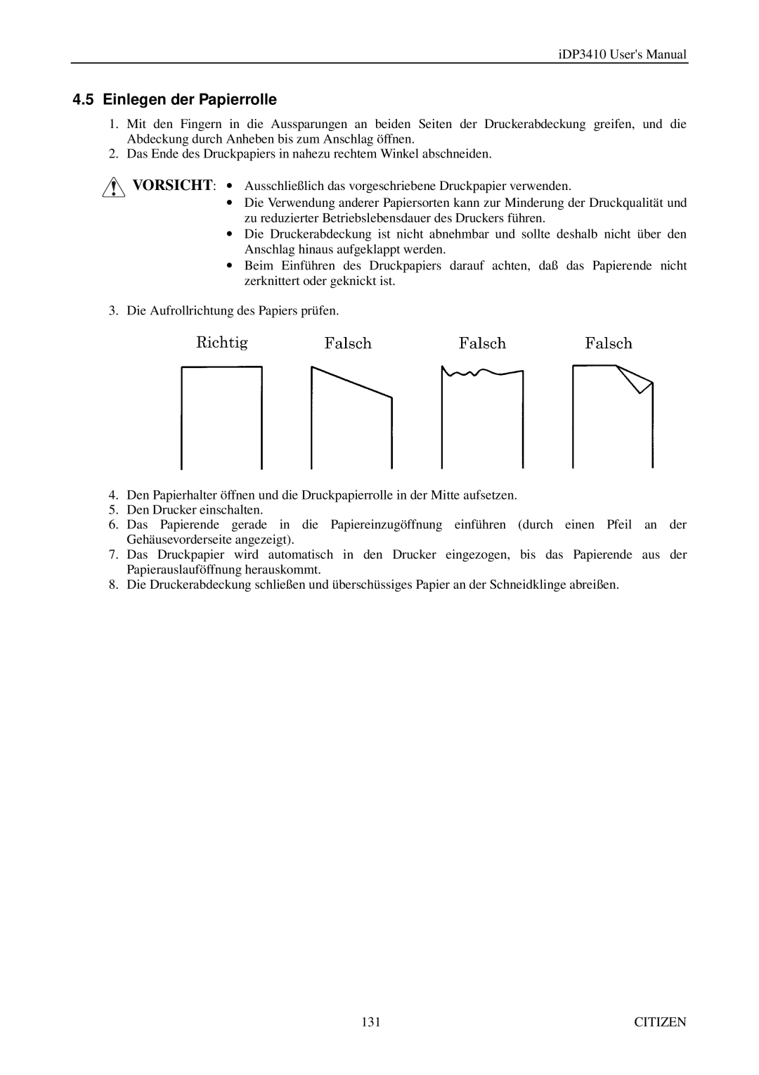 Citizen Systems pmn manual Einlegen der Papierrolle 