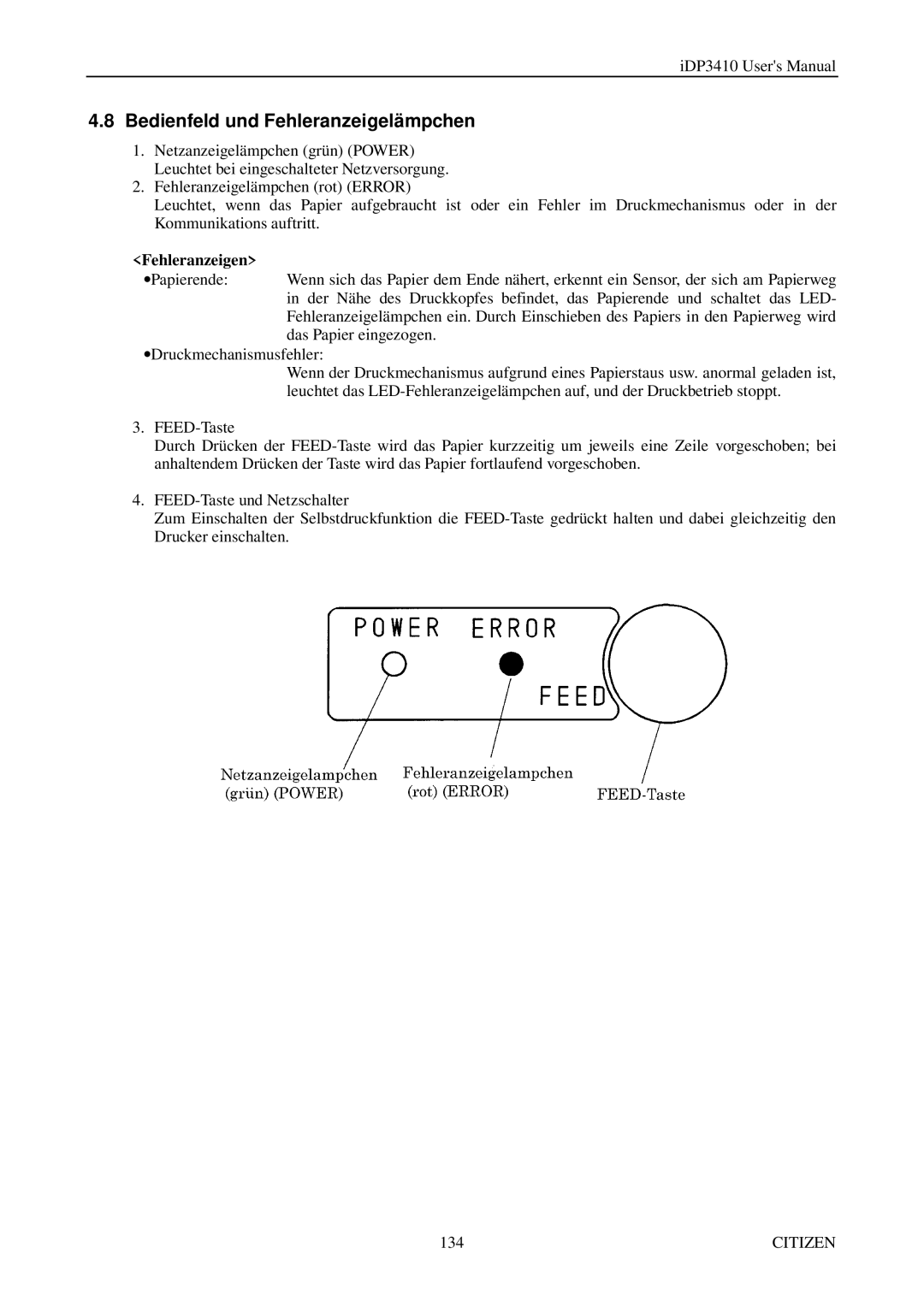 Citizen Systems pmn manual Bedienfeld und Fehleranzeigelämpchen, Fehleranzeigen 