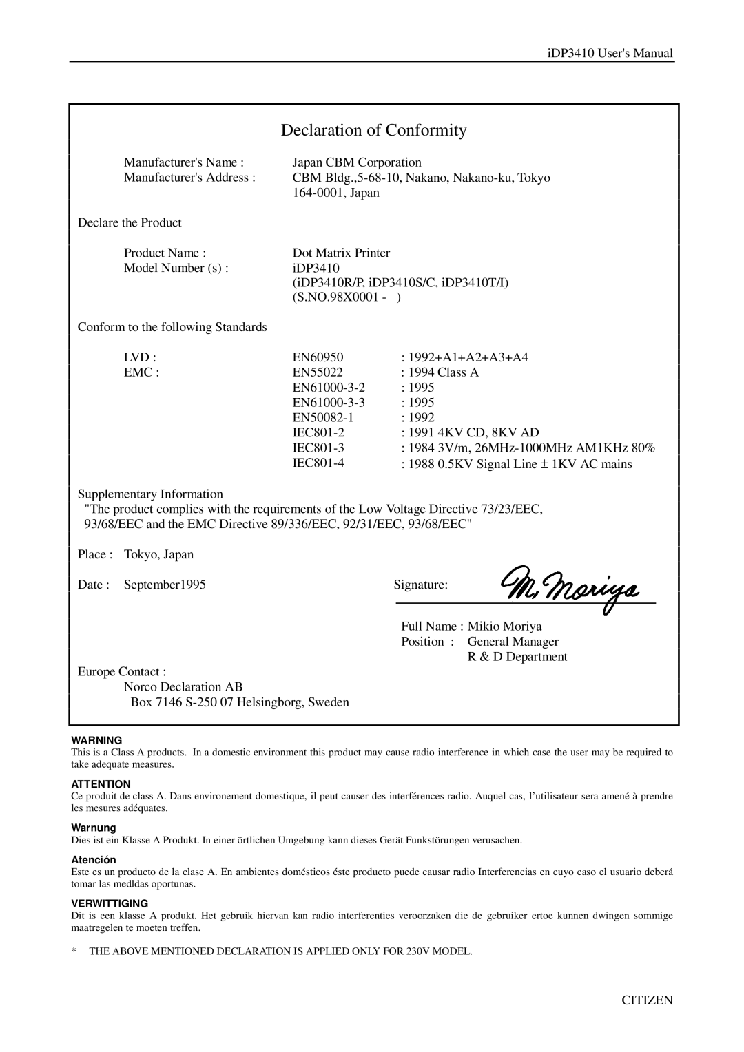 Citizen Systems pmn manual Declaration of Conformity, Lvd, Emc, Citizen 