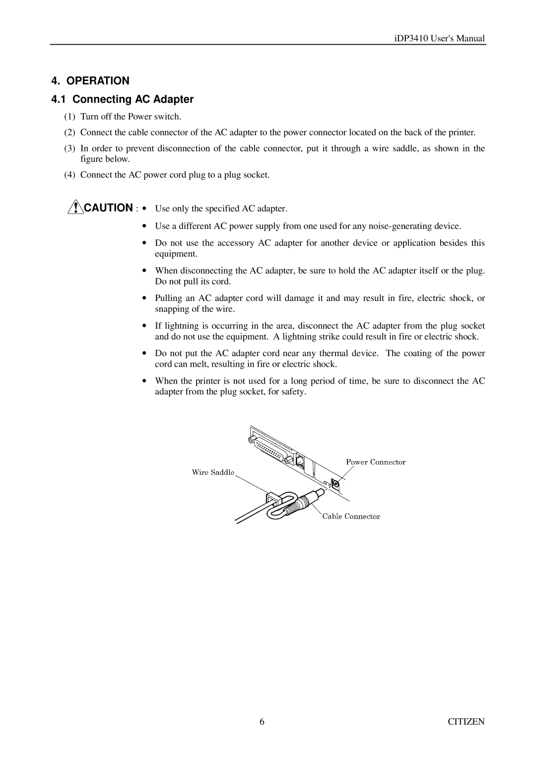 Citizen Systems pmn manual Operation, Connecting AC Adapter 