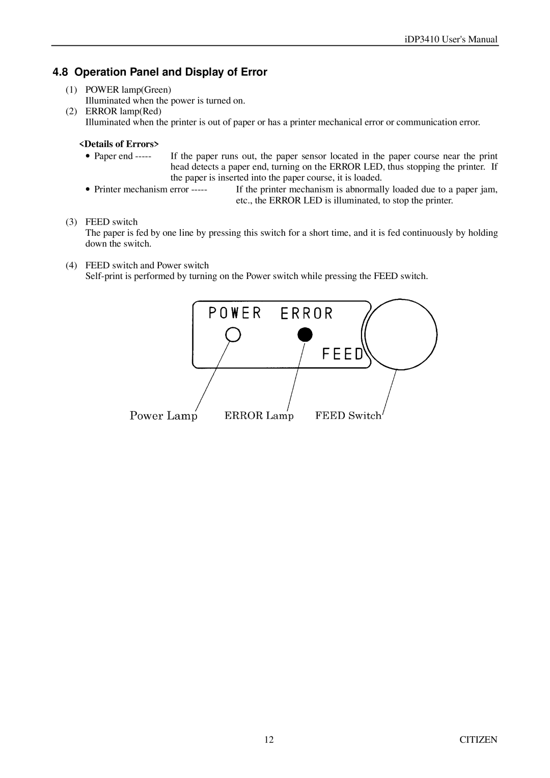 Citizen Systems pmn manual Operation Panel and Display of Error, Details of Errors 