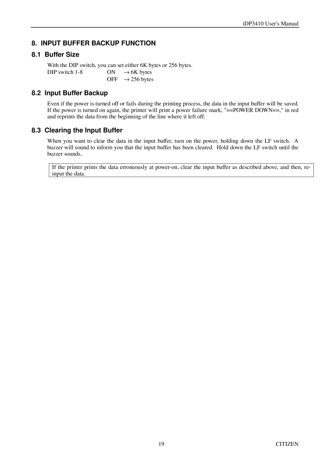 Citizen Systems pmn manual Input Buffer Backup Function 8.1 Buffer Size, Clearing the Input Buffer 