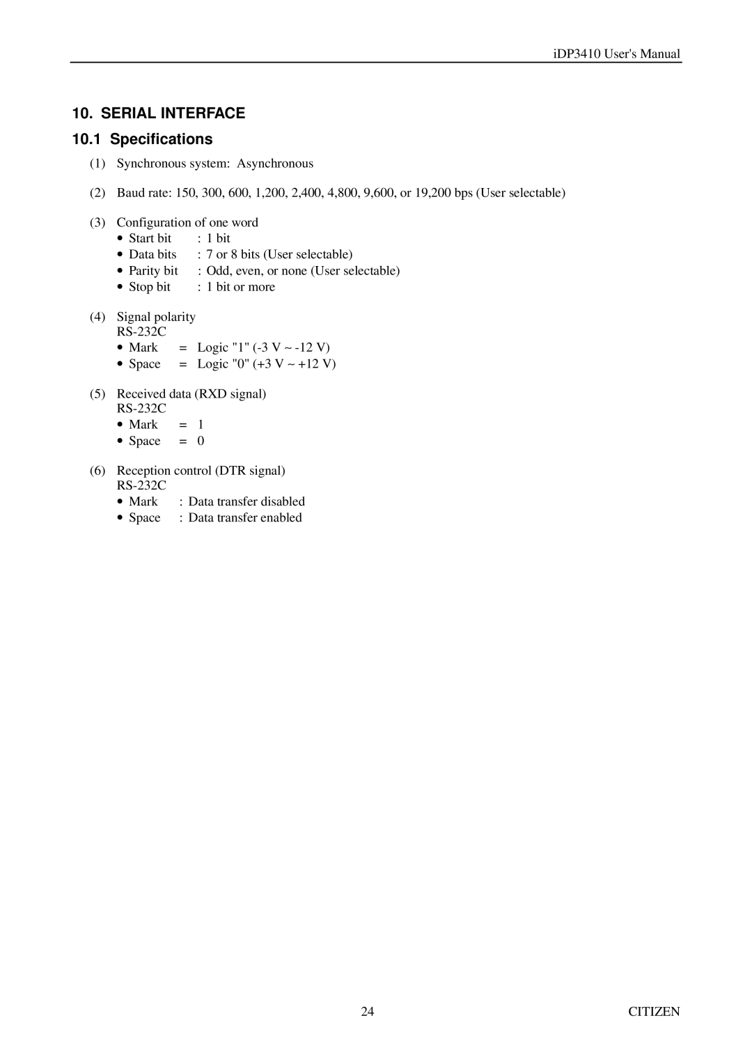 Citizen Systems pmn manual Serial Interface 10.1 Specifications 