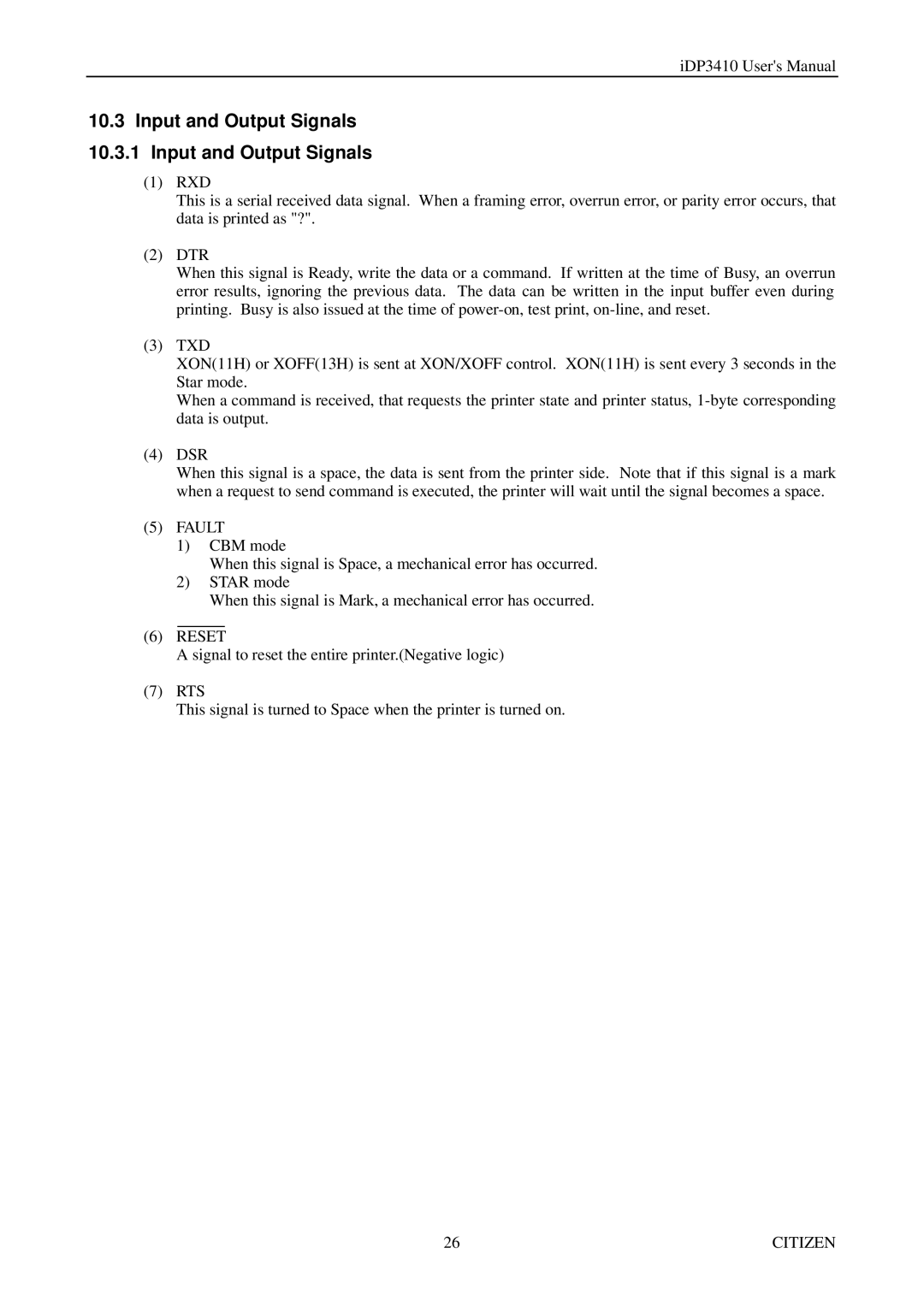 Citizen Systems pmn manual Input and Output Signals 10.3.1 Input and Output Signals, Fault 