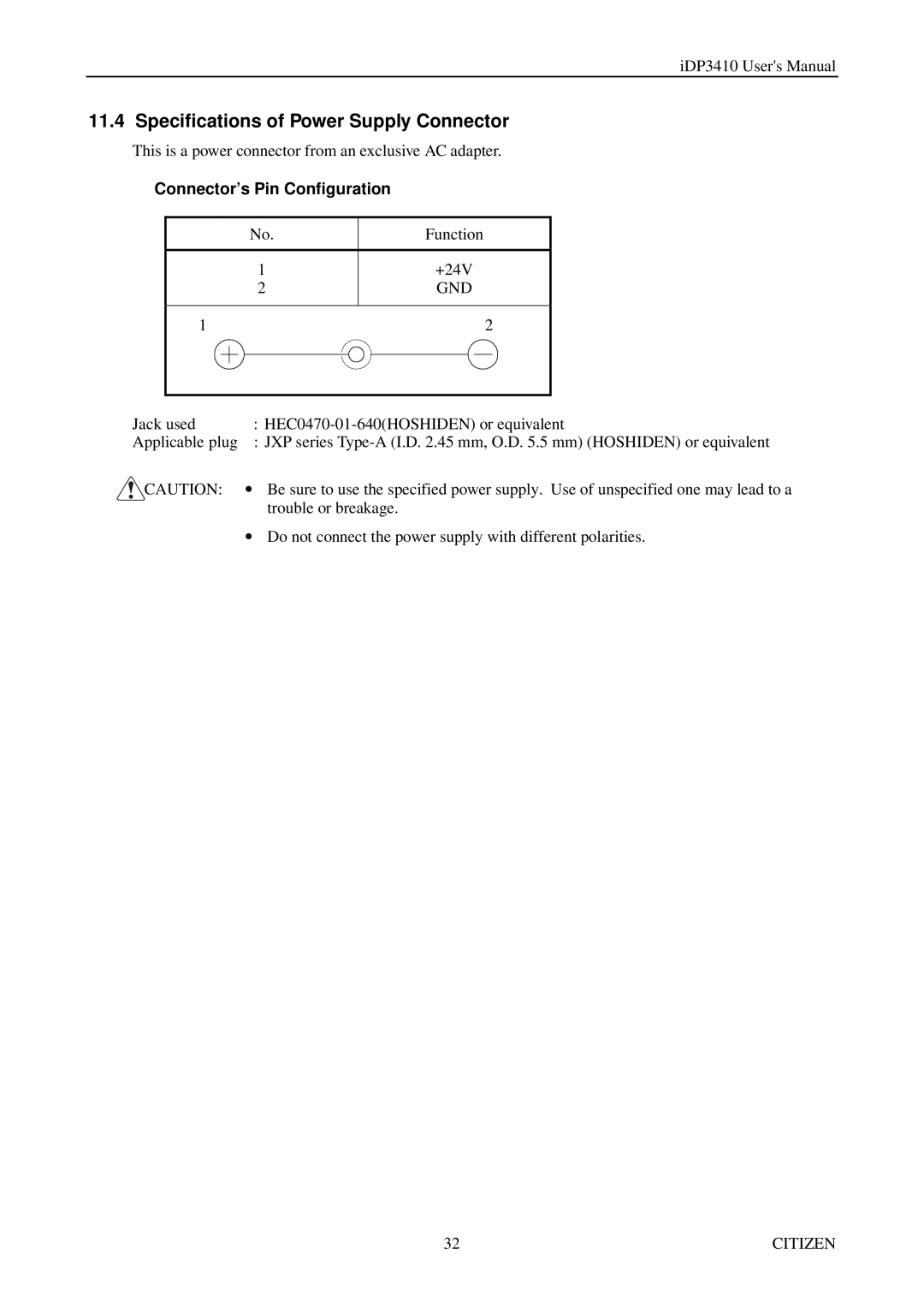 Citizen Systems pmn manual Specifications of Power Supply Connector, Connector’s Pin Configuration 