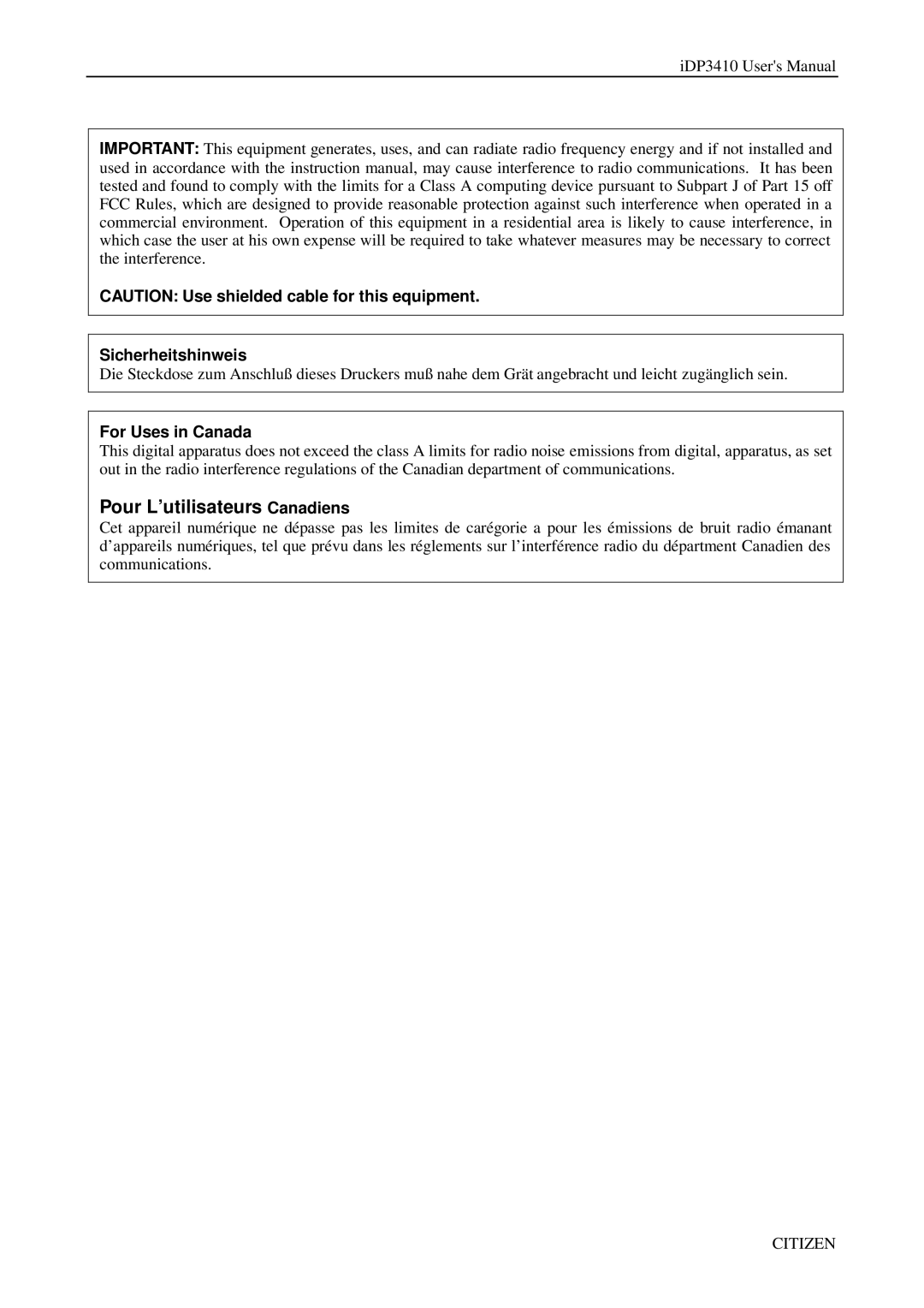 Citizen Systems pmn manual Pour L’utilisateurs Canadiens, Sicherheitshinweis 