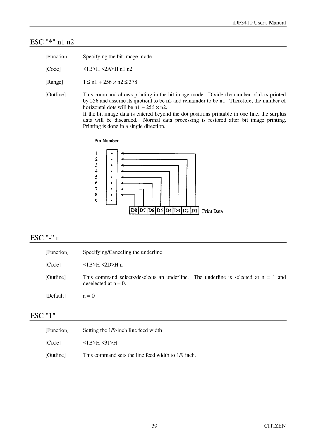 Citizen Systems pmn manual ESC * n1 n2, ESC n, Esc 