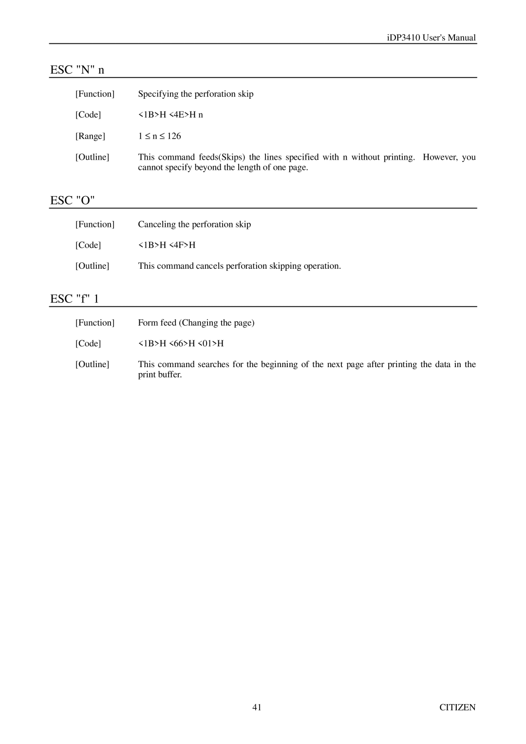 Citizen Systems pmn manual ESC N n, ESC f 