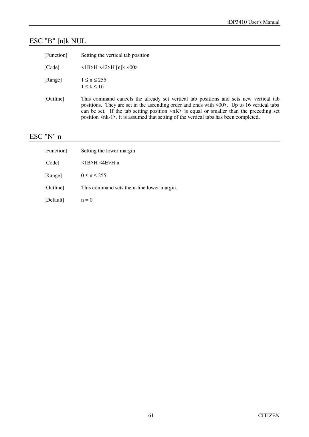 Citizen Systems pmn manual ESC B nk NUL, ESC N n 