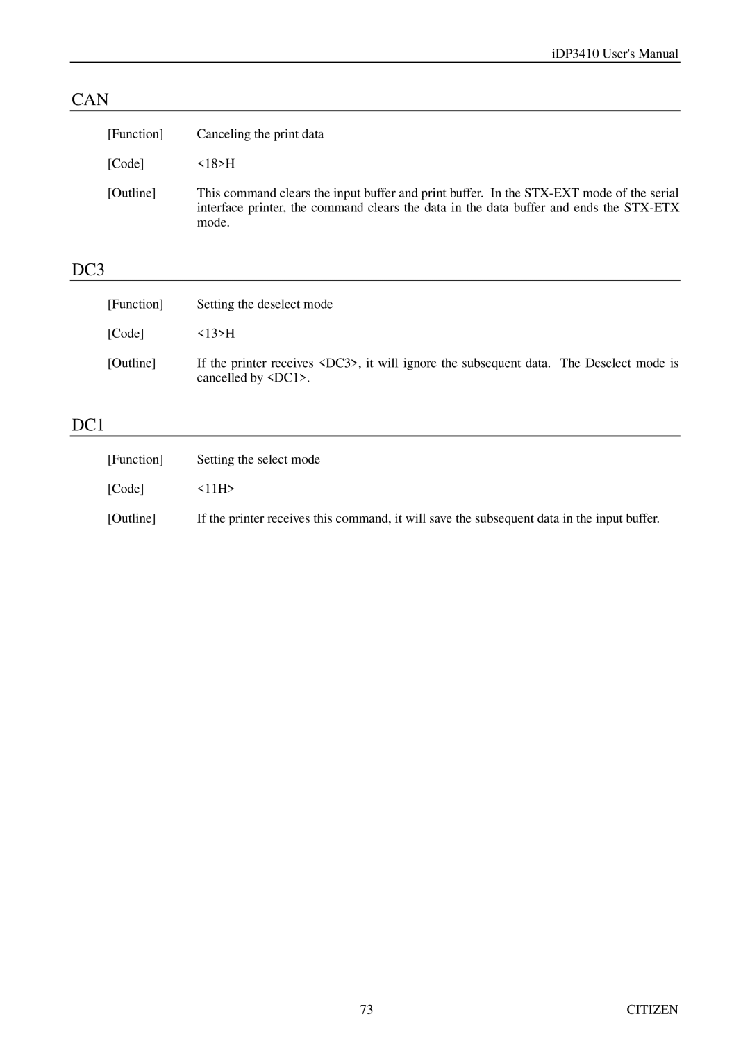 Citizen Systems pmn manual Function Canceling the print data Code 18H Outline 