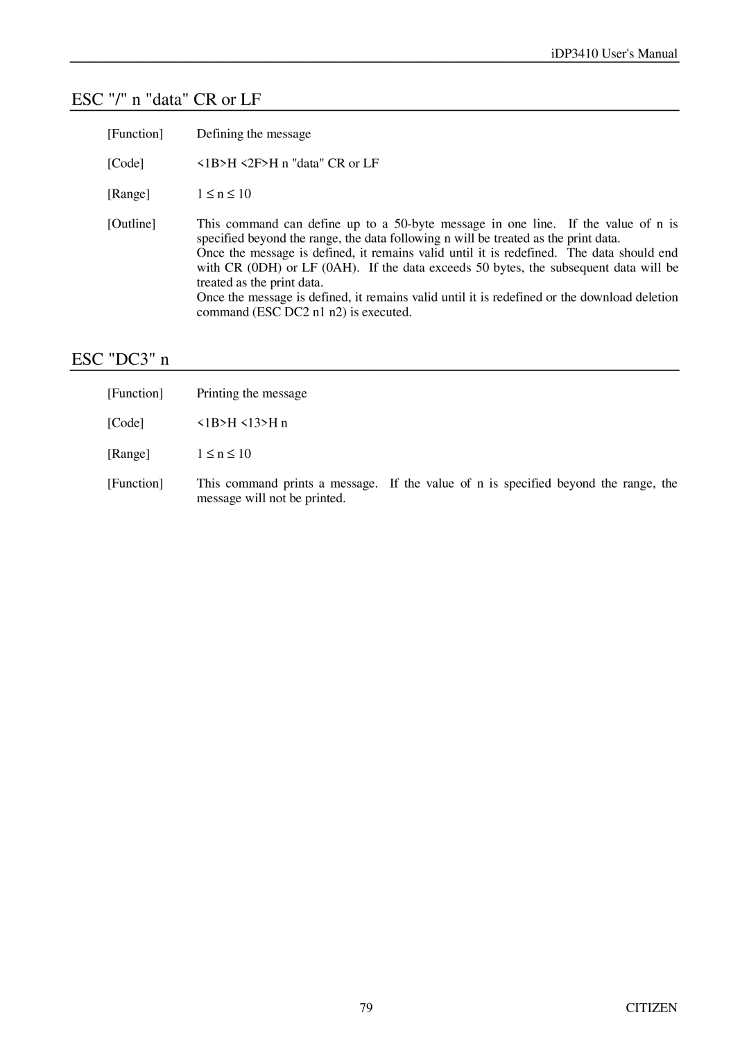 Citizen Systems pmn manual ESC / n data CR or LF 