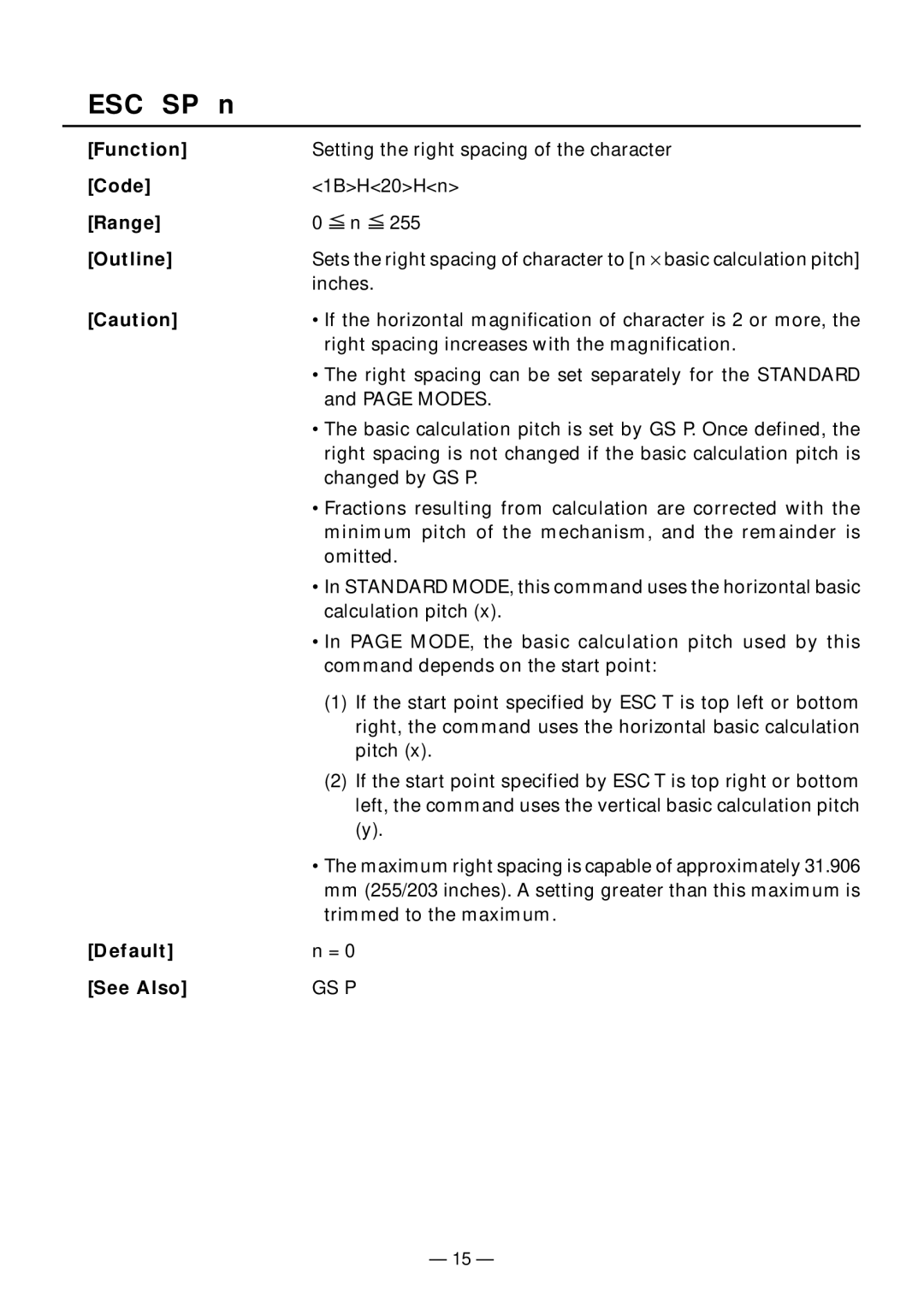 Citizen Systems PPU-231II manual ESC SP n, Default See Also 