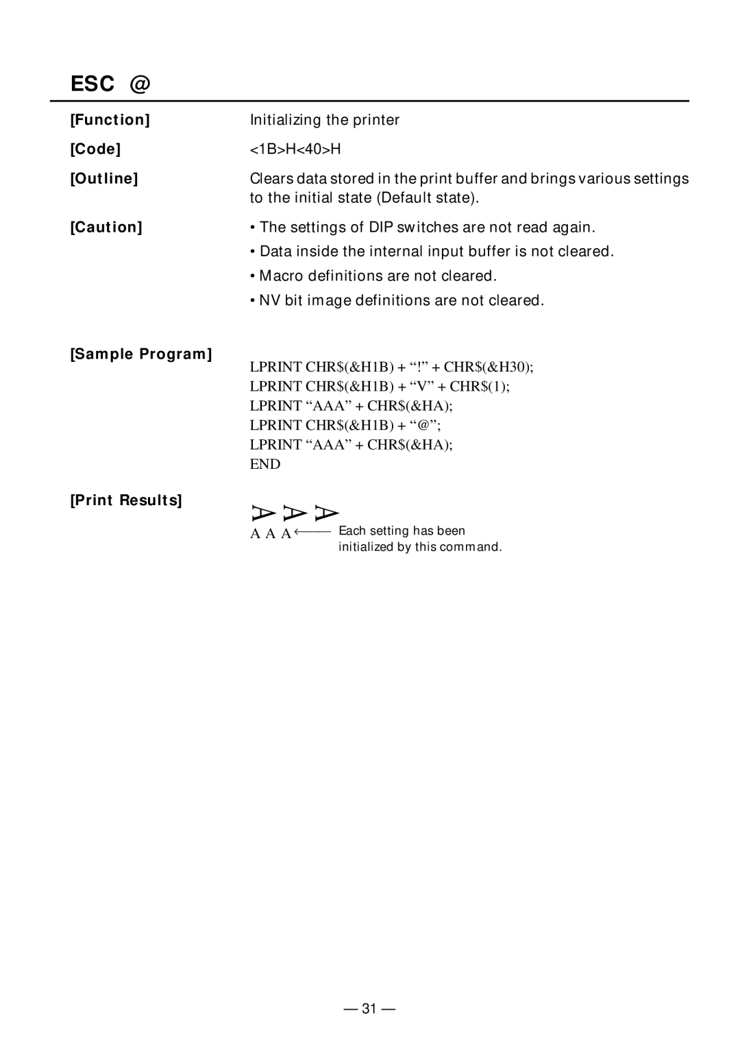 Citizen Systems PPU-231II manual Esc @, Function Code Outline Sample Program Print Results 