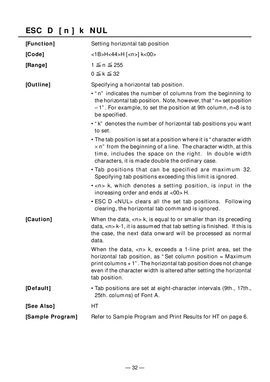 Citizen Systems PPU-231II manual ESC D n k NUL, Default 