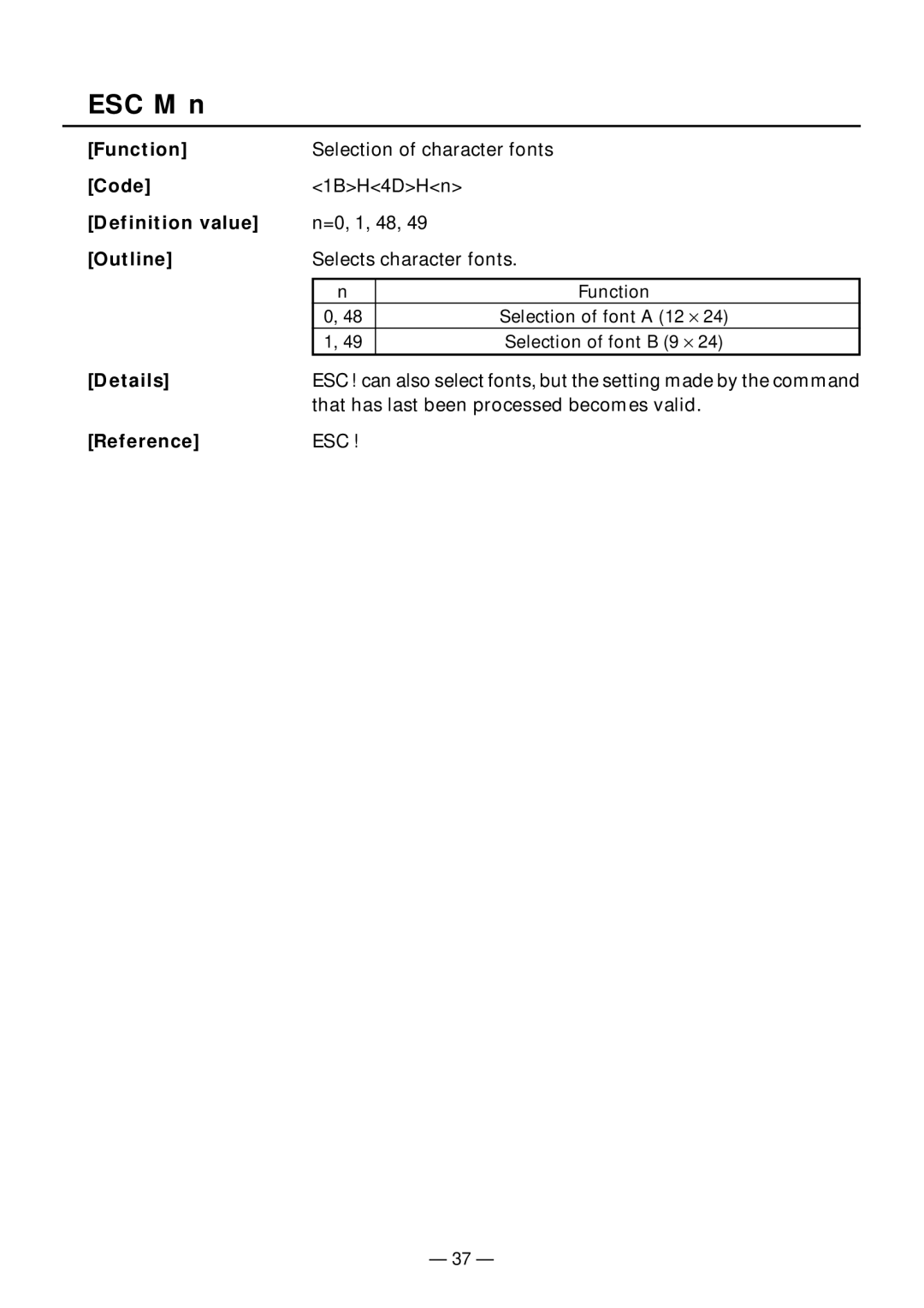 Citizen Systems PPU-231II manual ESC M n, Definition value, Details 