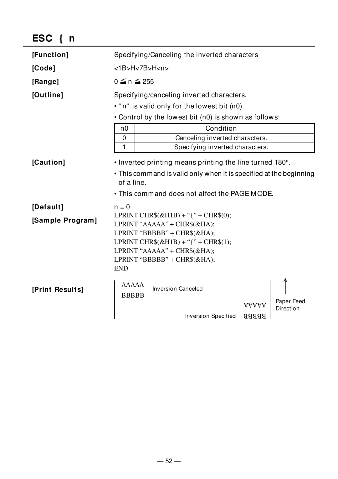 Citizen Systems PPU-231II manual ESC n, Default Sample Program Print Results 