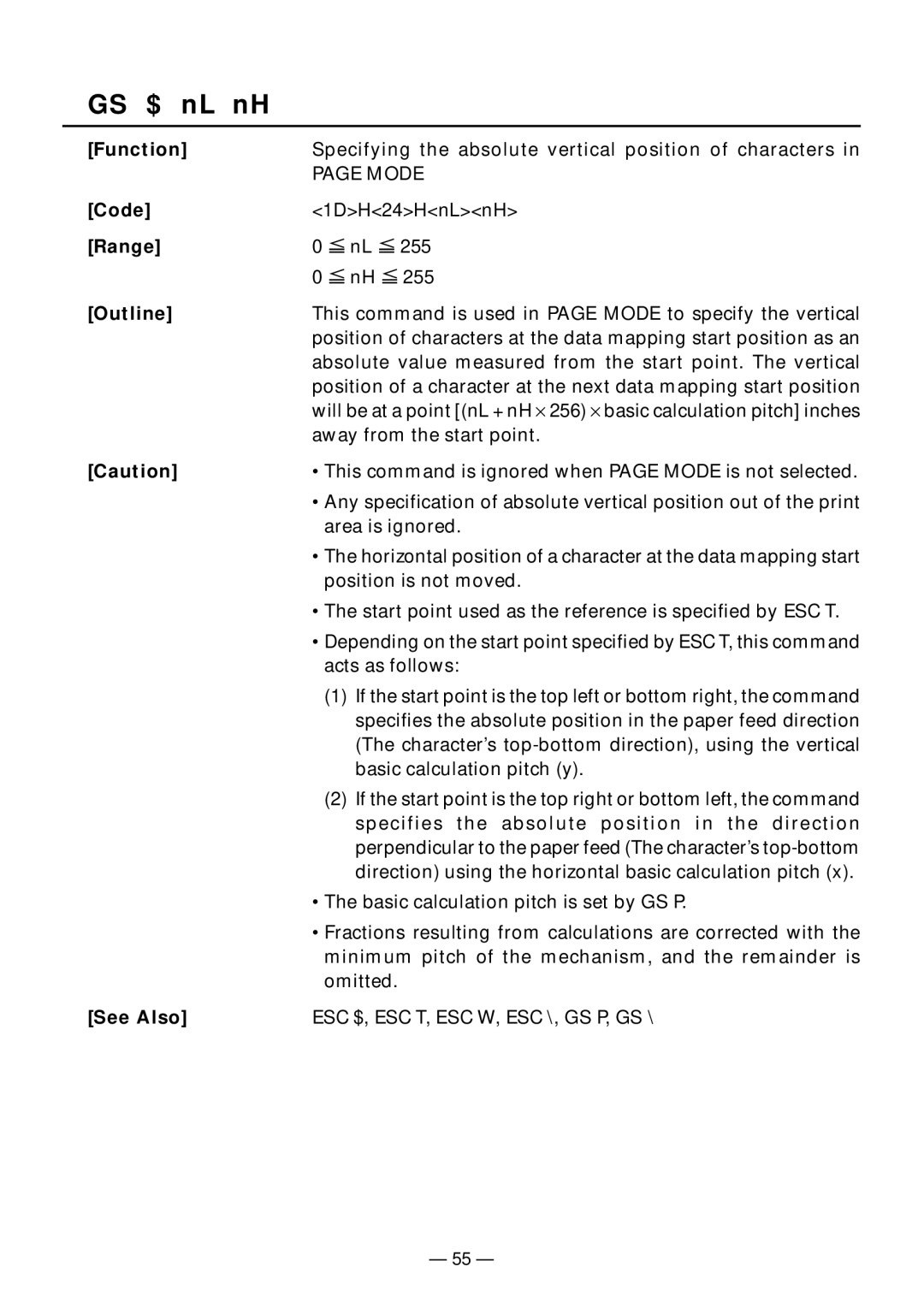 Citizen Systems PPU-231II manual GS $ nL nH, See Also ESC $, ESC T, ESC W, ESC \, GS P, GS 