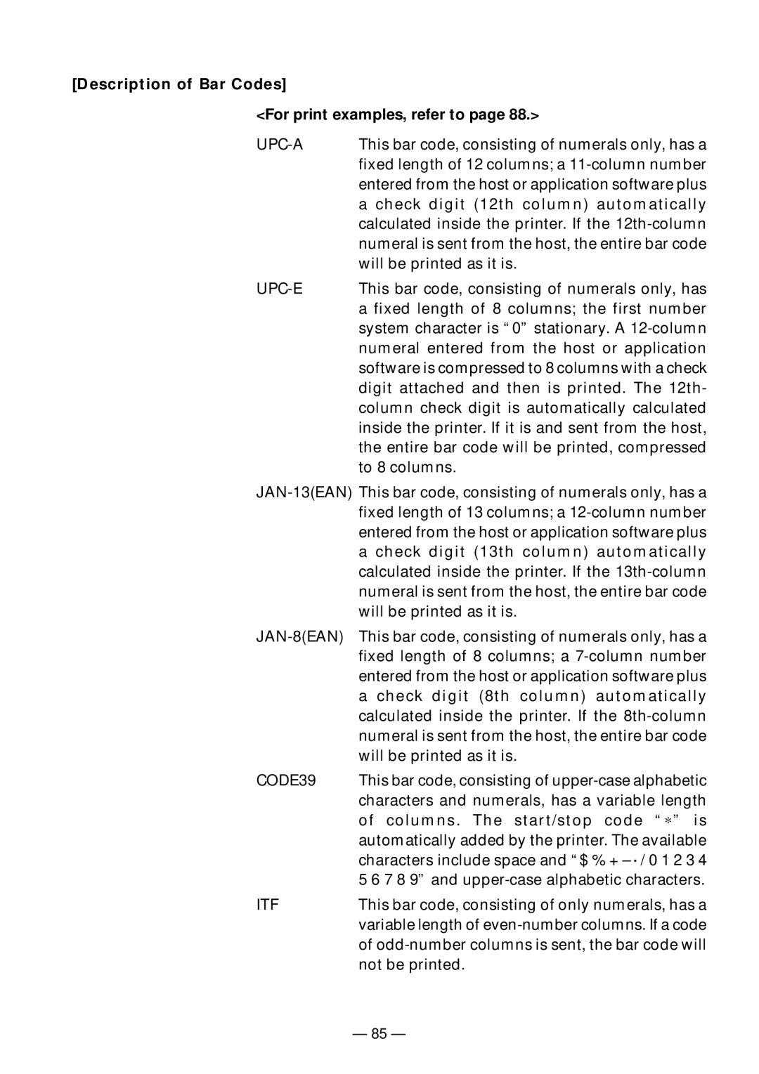 Citizen Systems PPU-231II manual Description of Bar Codes For print examples, refer to, Upc-A 