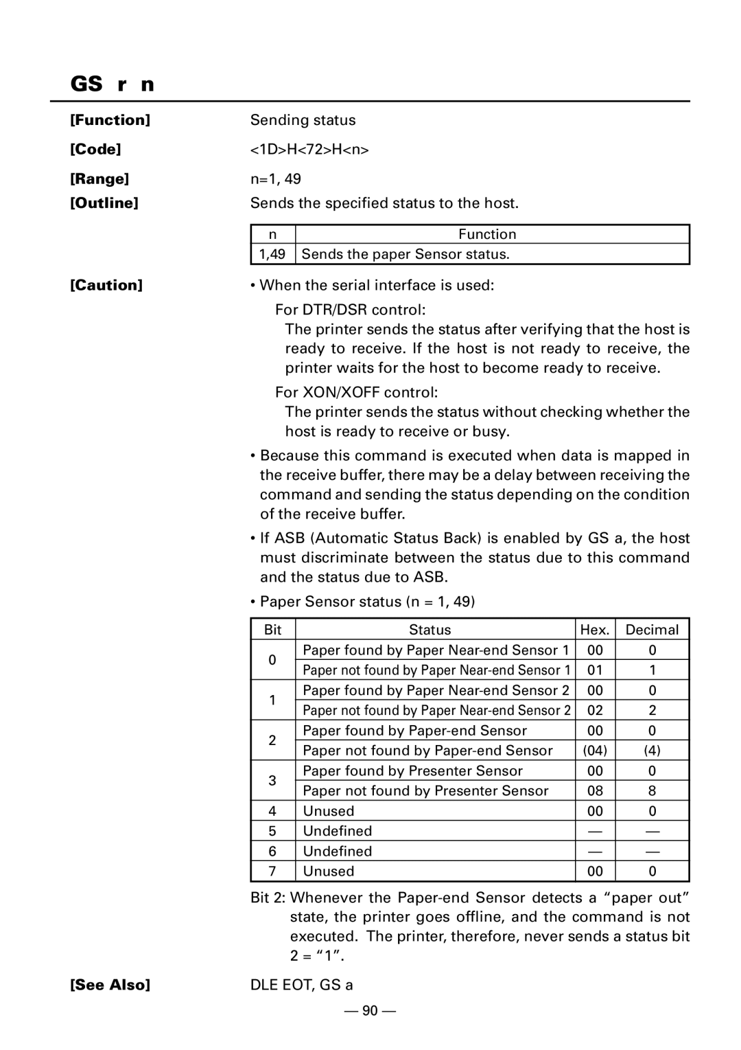 Citizen Systems PPU-231II manual GS r n, See Also DLE EOT, GS a 