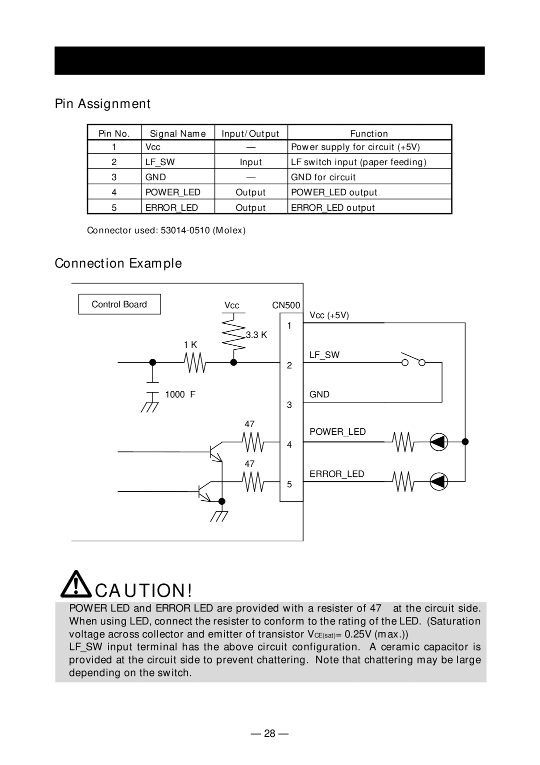 Citizen Systems PPU-700 user manual Connector for Operation Panel CN500, Pin Assignment 