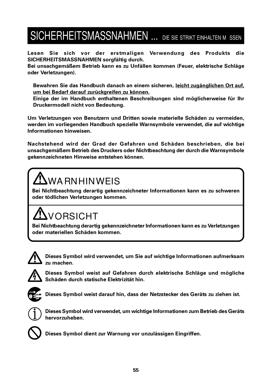 Citizen Systems PPU-700 user manual Warnhinweis 