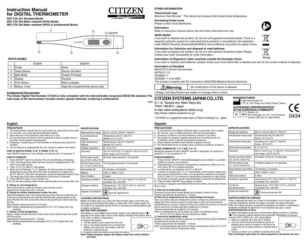 Citizen Systems CT 301, REF CTA 301 instruction manual Other Information, Weee Mark, Parts Names, Manufacturer 