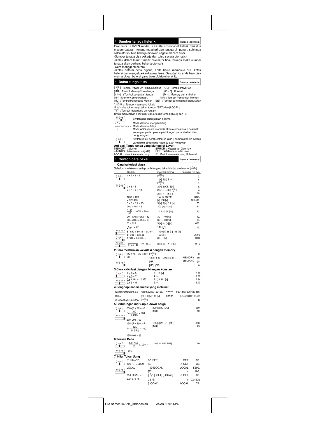 Citizen Systems SDC-664S manual Sumber tenaga listerlk, Daftar fungsi tuts, Contoh cara pakai 