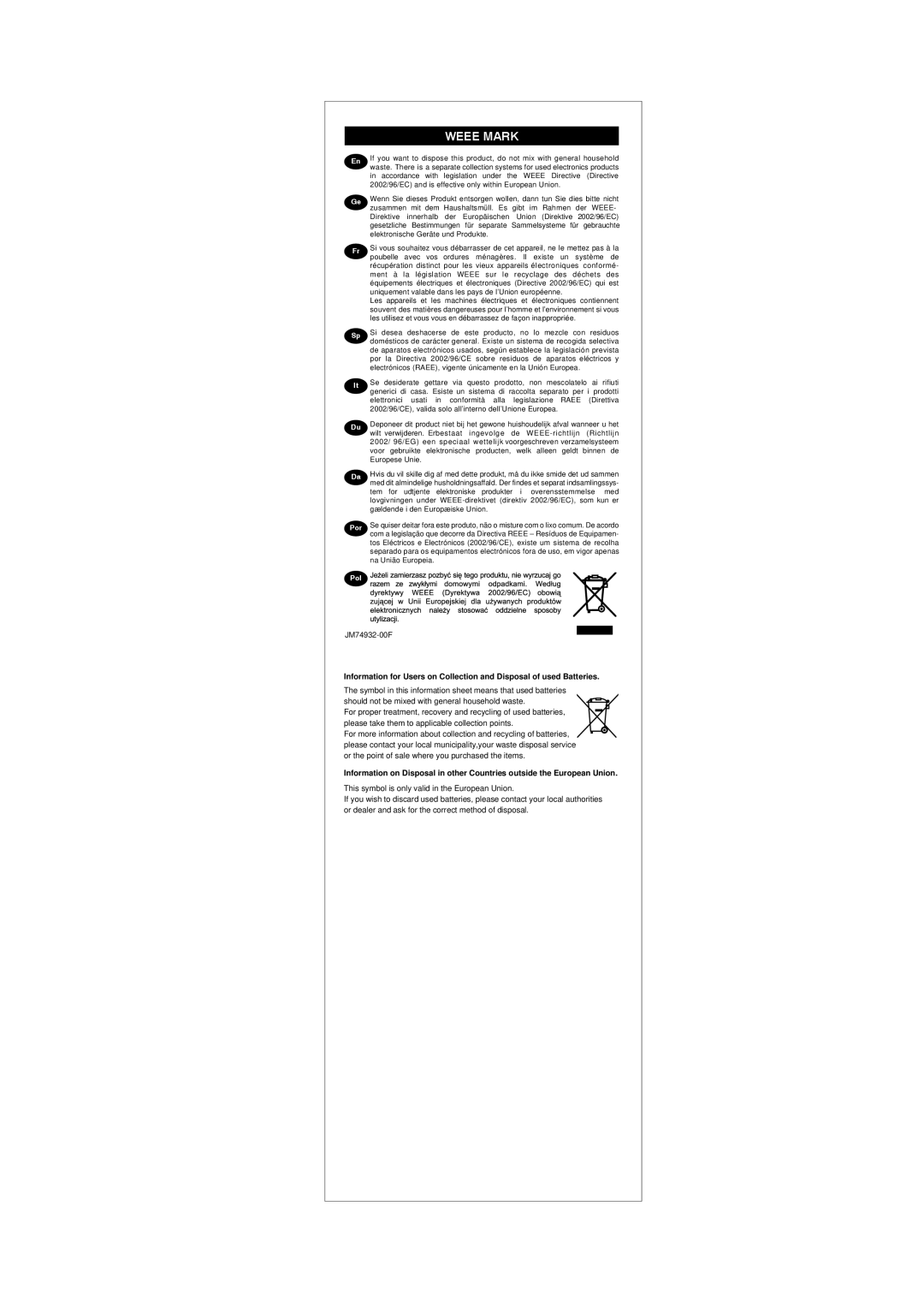 Citizen Systems SDC-664S manual Weee Mark, JM74932-00F 