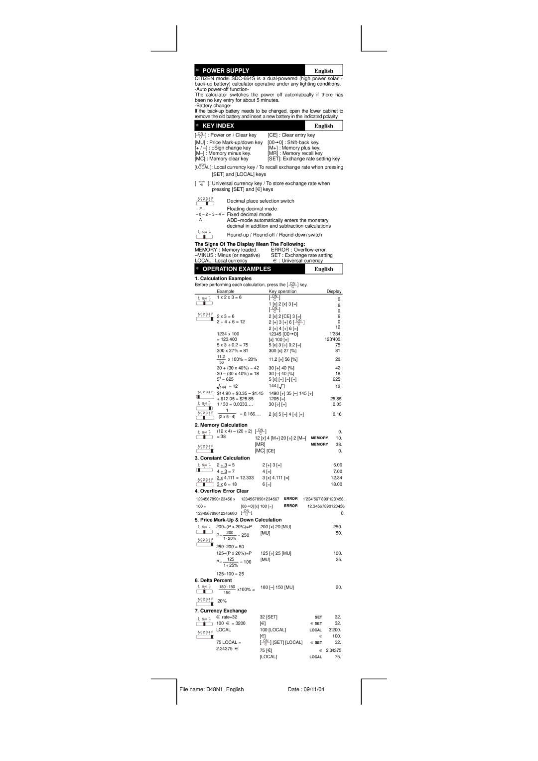 Citizen Systems SDC-664S manual Power Supply, KEY Index, English, Operation Examples 