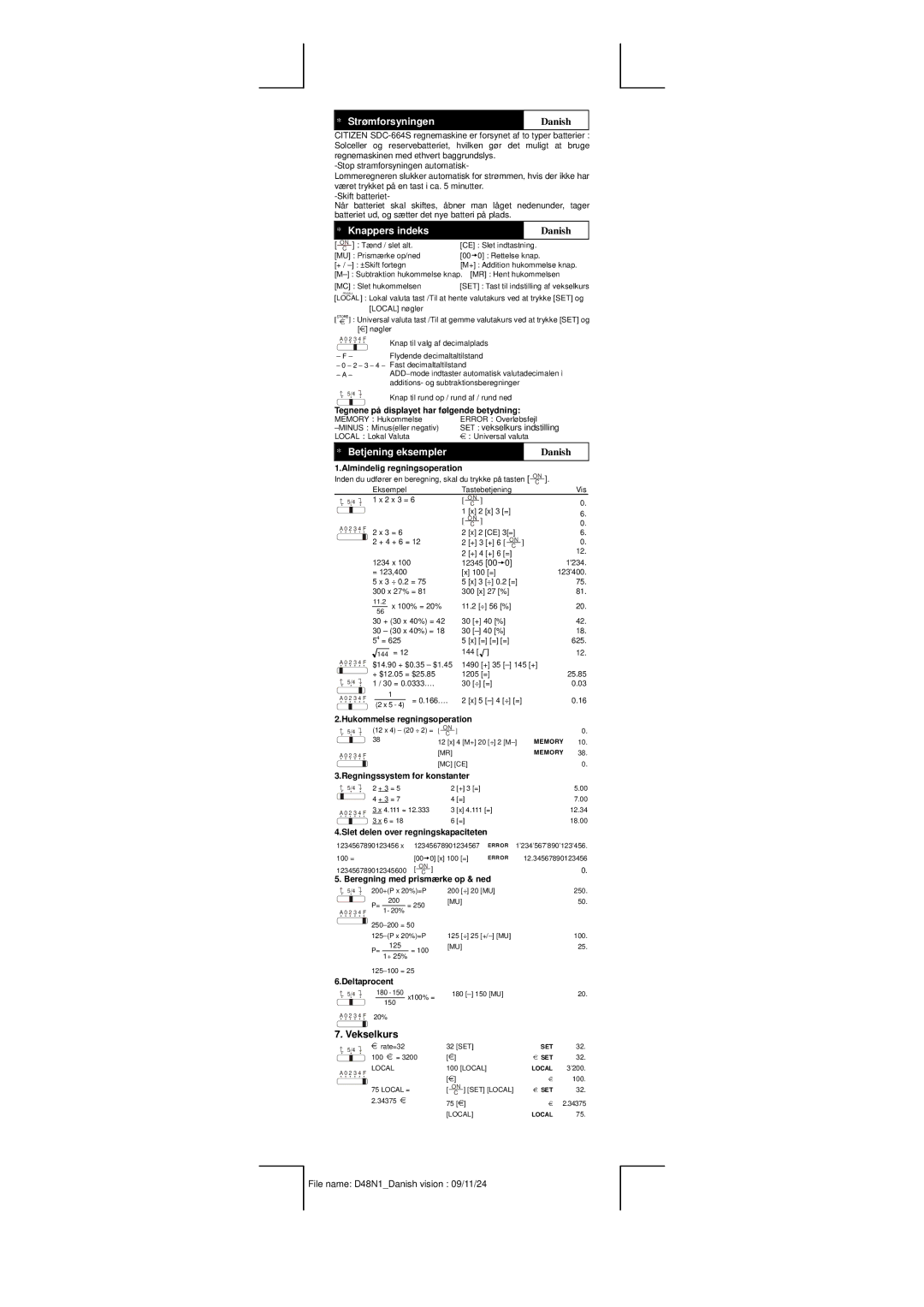 Citizen Systems SDC-664S manual Strømforsyningen, Danish, Knappers indeks, Betjening eksempler 