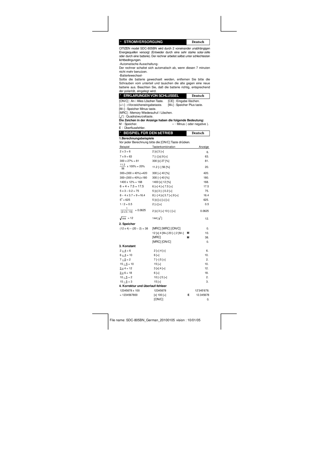 Citizen Systems SDC-805BN manual Stromversorgung, Deutsch, Erklarungen VON Schlussel, Beispiel FÜR DEN bETRIEB 