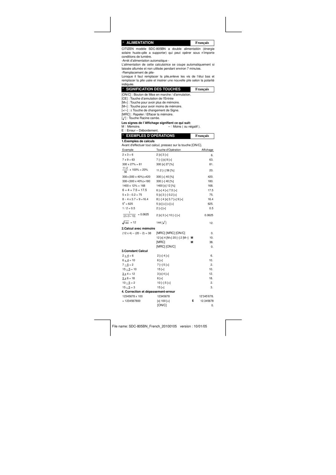 Citizen Systems SDC-805BN manual Alimentation, Français, Signification DES Touches, Exemples D’OPÉRATIONS 