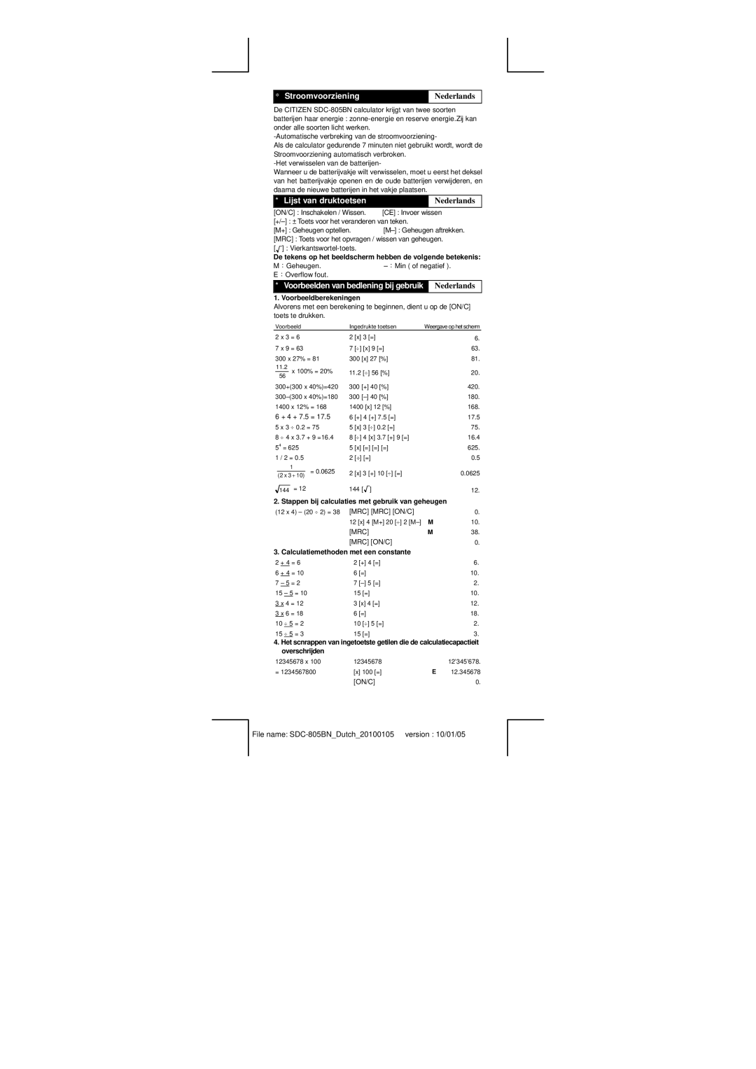 Citizen Systems SDC-805BN manual Stroomvoorziening, Nederlands, Lijst van druktoetsen 