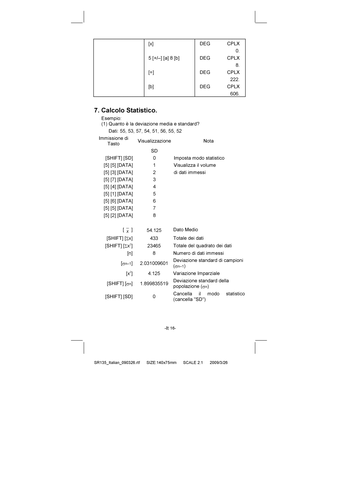 Citizen Systems SR-135N manual Calcolo Statistico, Shift SD 