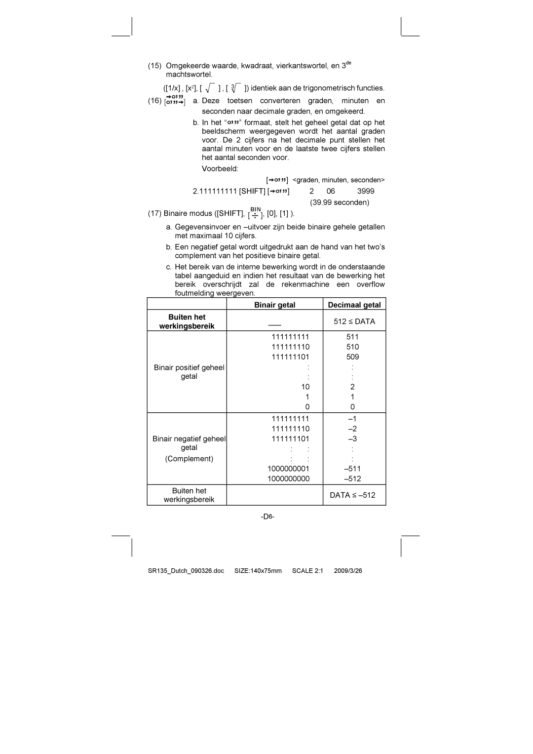 Citizen Systems SR-135N manual Binair getal Decimaal getal Buiten het, Werkingsbereik 